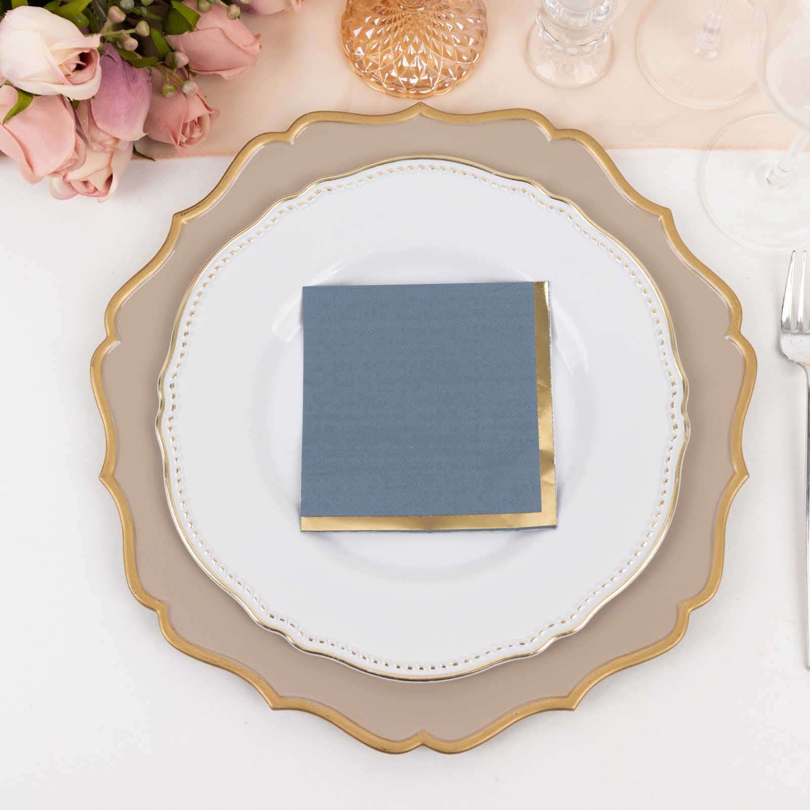 50-Pack Paper Beverage Napkins Dusty Blue with Gold Foil Edge - 2 Ply Disposable Soft 18GSM Cocktail Napkins 5x5