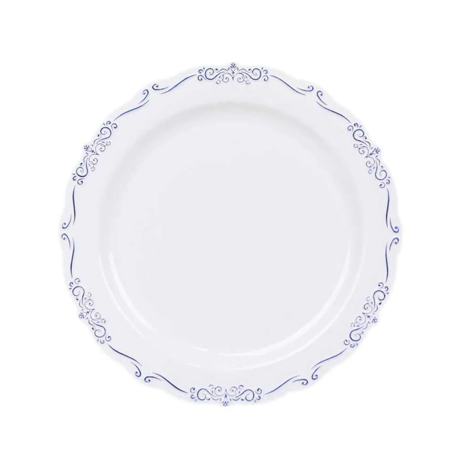 10-Pack Plastic 7 Round Dessert Plates in White with Blue Vintage Embossed Rim - Sturdy Disposable Scalloped Edge Salad Plates