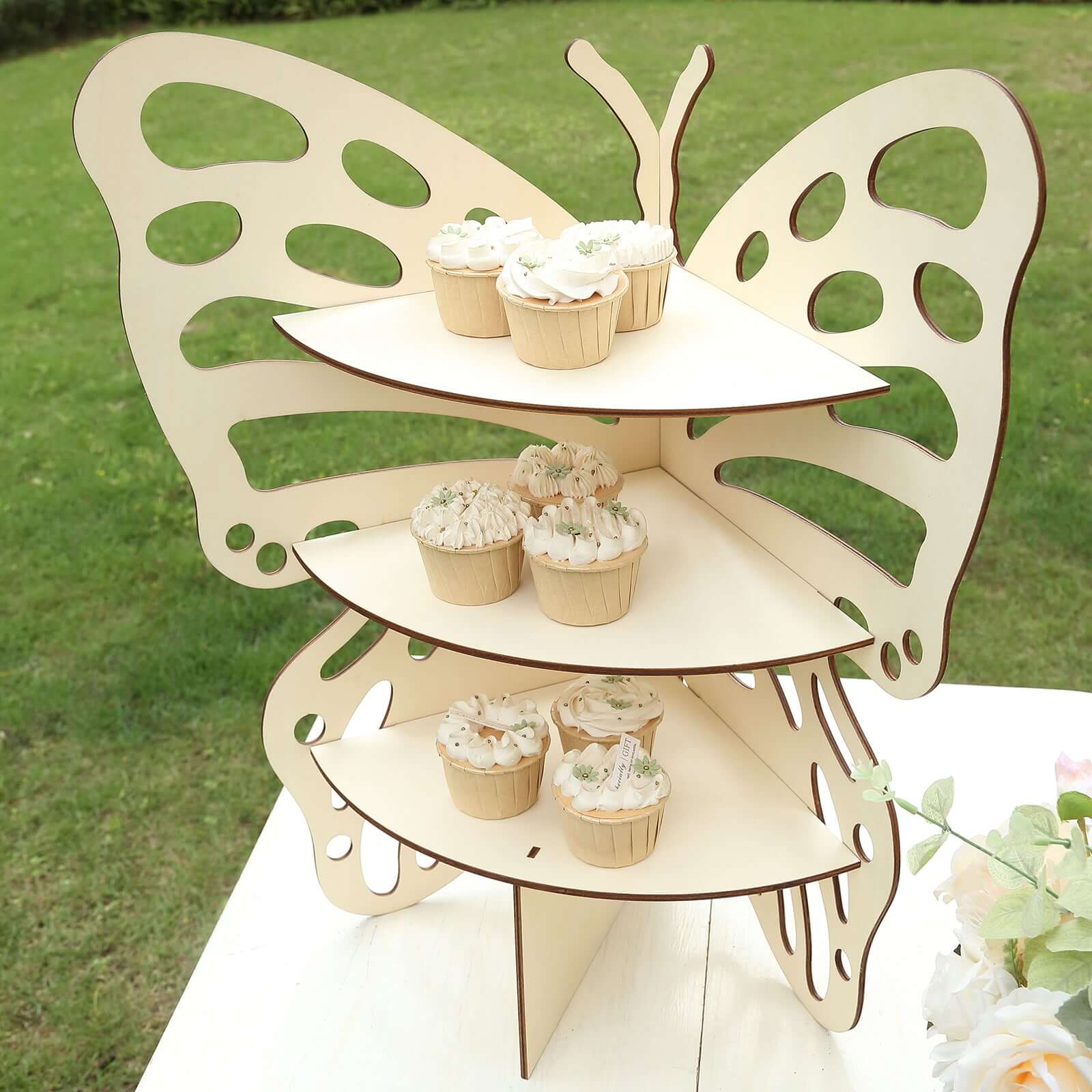 3-Tier Wooden Cupcake Stand Butterfly Design Natural - Rustic Dessert Display Shelf Rack 24