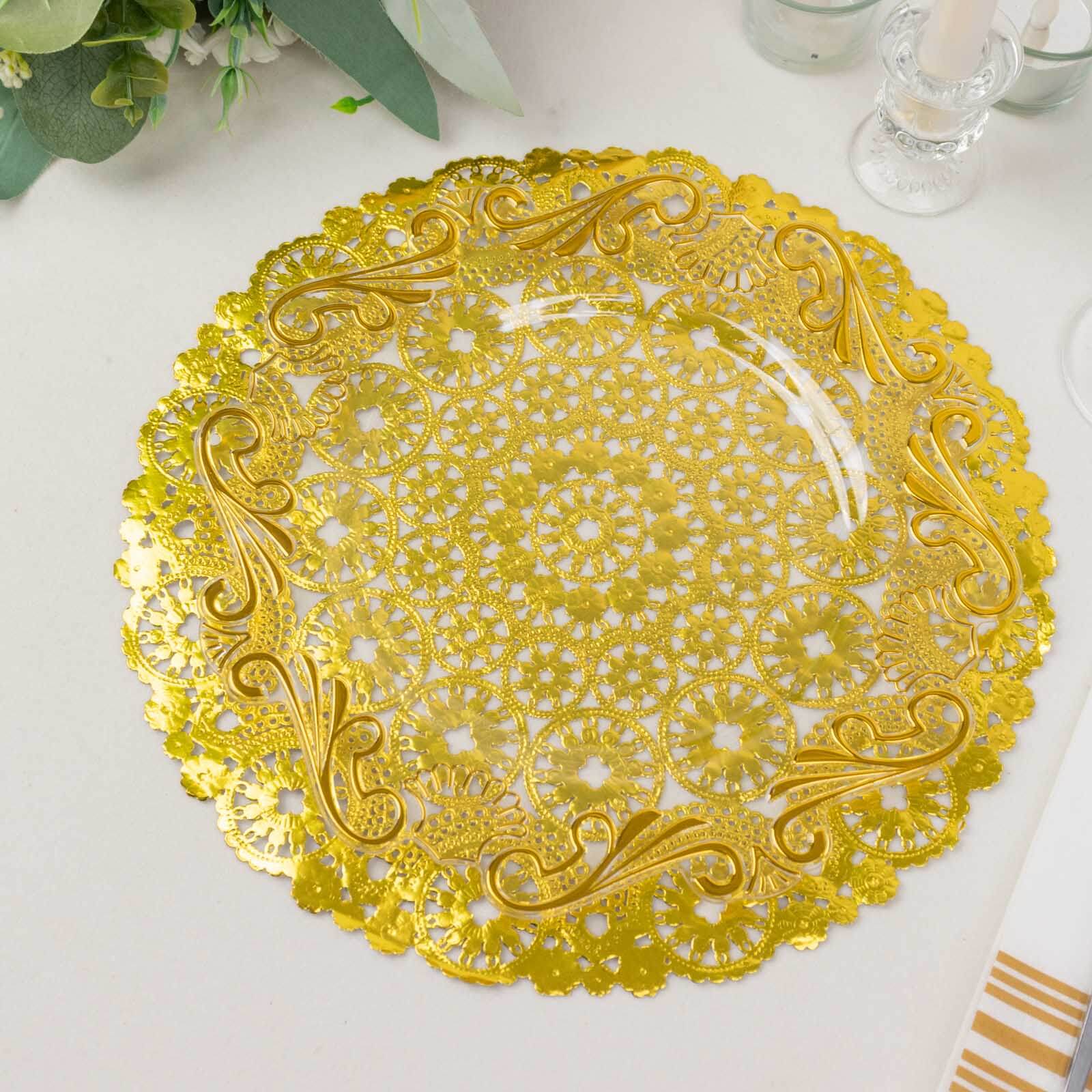 50-Pack Paper 12 Round Placemats in Metallic Gold - Disposable 50GSM Lace Doilies with Medallion Style for Dessert Display & Table Decor