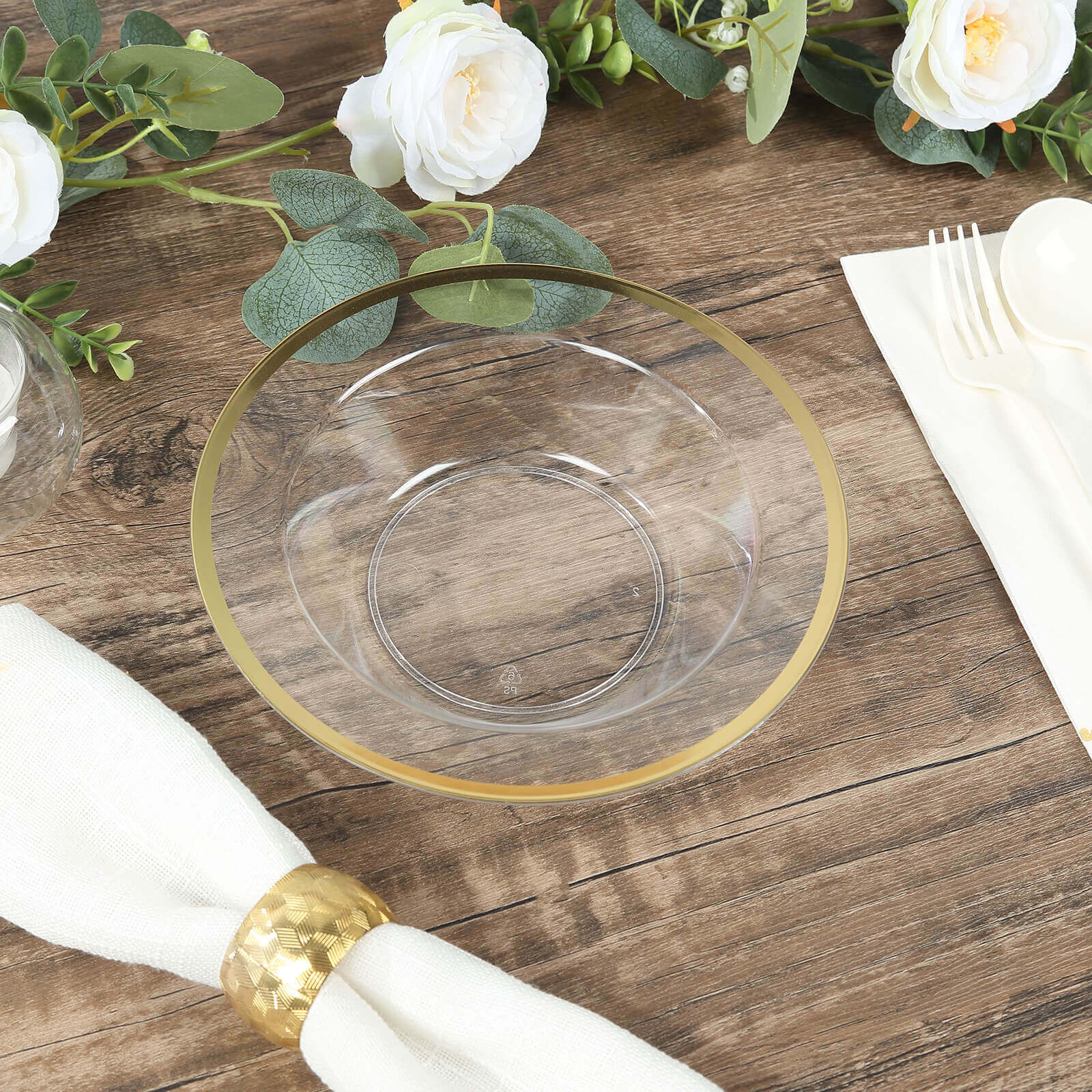 20-Pack Plastic Dessert Serving Bowls Clear Round Design with Gold Rim - Disposable Salad Soup Bowls 12oz