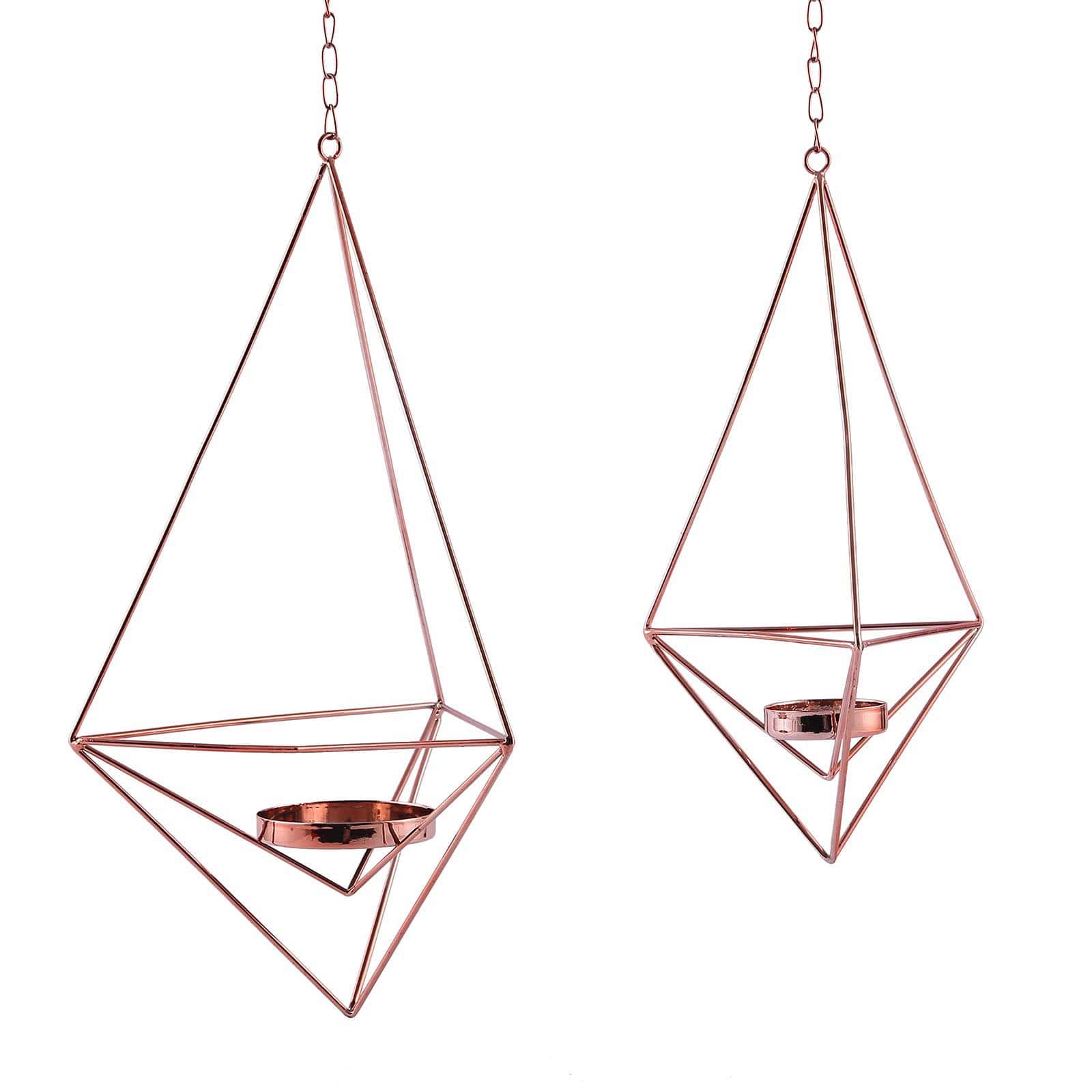 Set of 2 Hanging Tealight Candle Holders Rose Gold Metal Diamond Geometric Open Frame - Flower Terrariums 12, 15