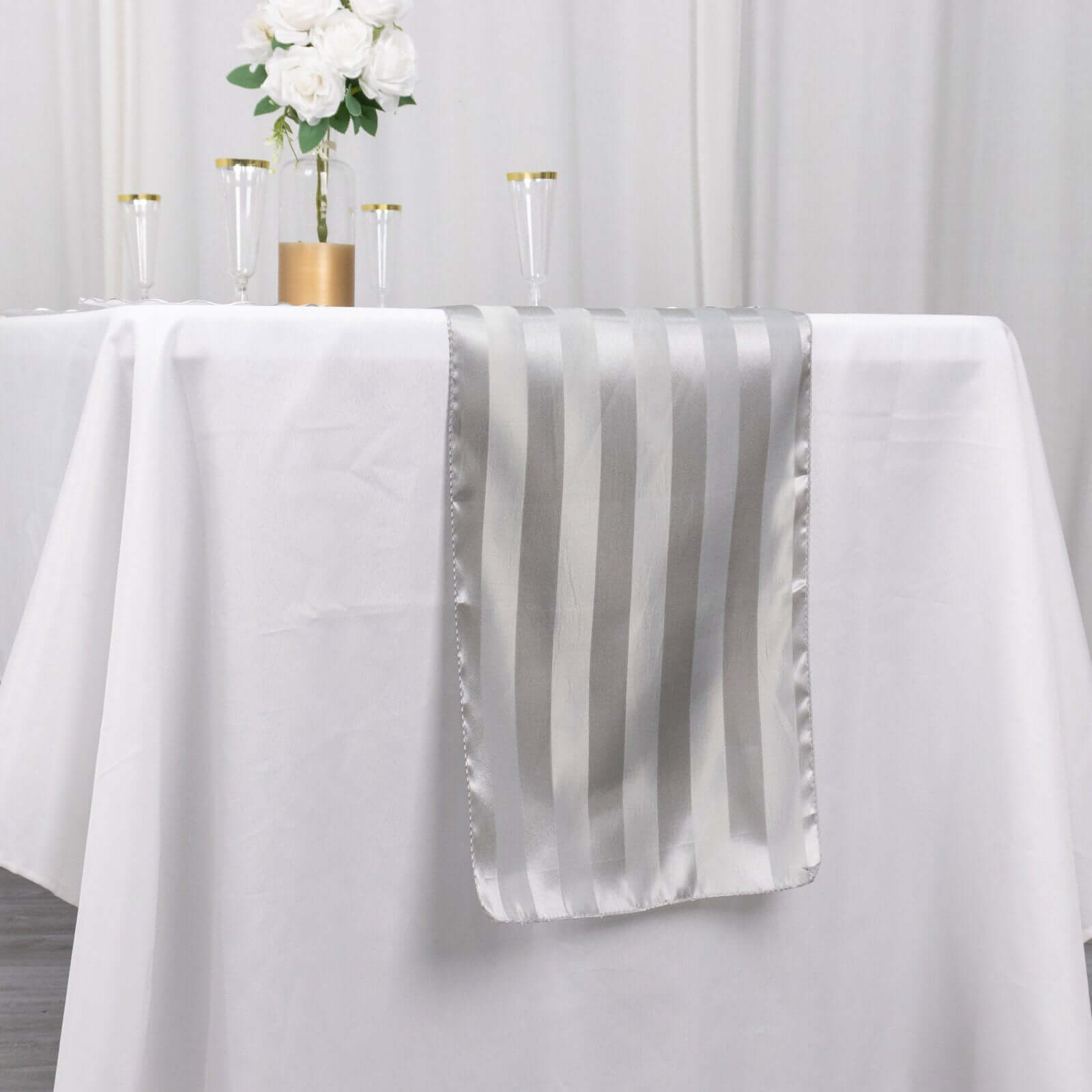 Satin 12x108 Table Runner Silver Stripe - Stripe Table Decor