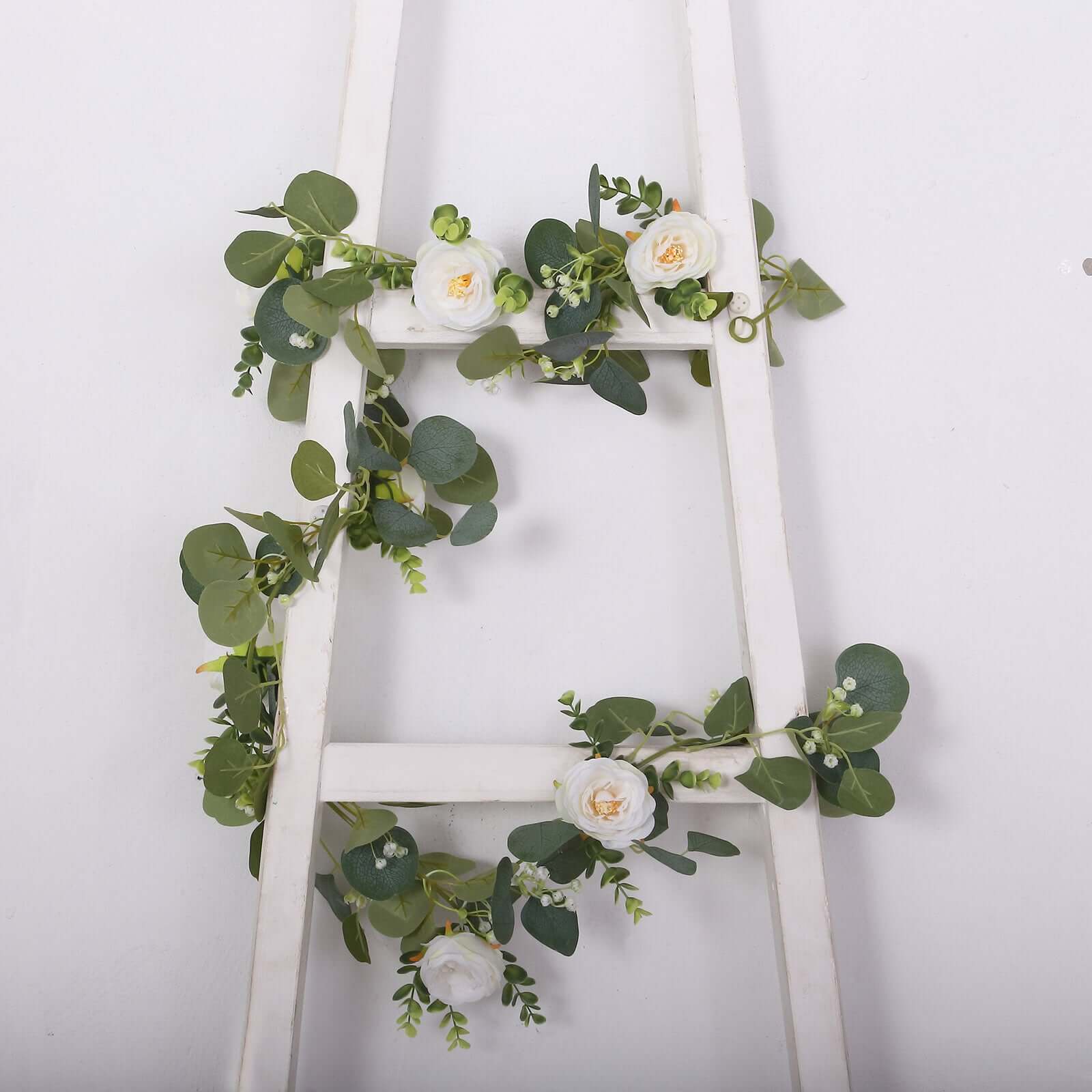 5.5ft Artificial Eucalyptus Leaf Hanging Vines With 7 White Rose Flower Heads, Floral Greenery Table Garland