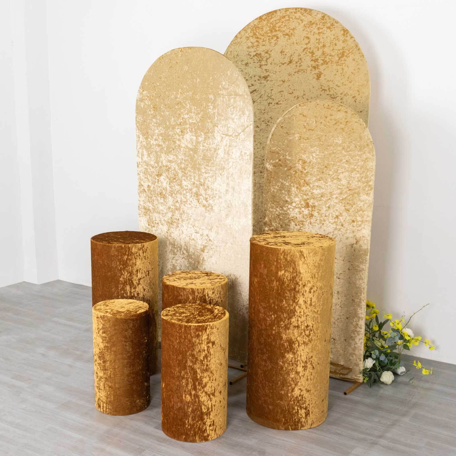 Set of 5 Gold Crushed Velvet Cylinder Pedestal Stand Covers, Premium Pillar Prop Covers