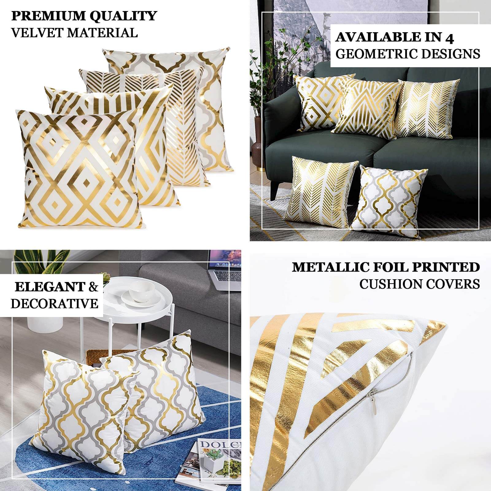 Set Of 4 18 White Gold Foil Geometric Print Throw Pillow Covers, Velvet Square Sofa Cushion Covers