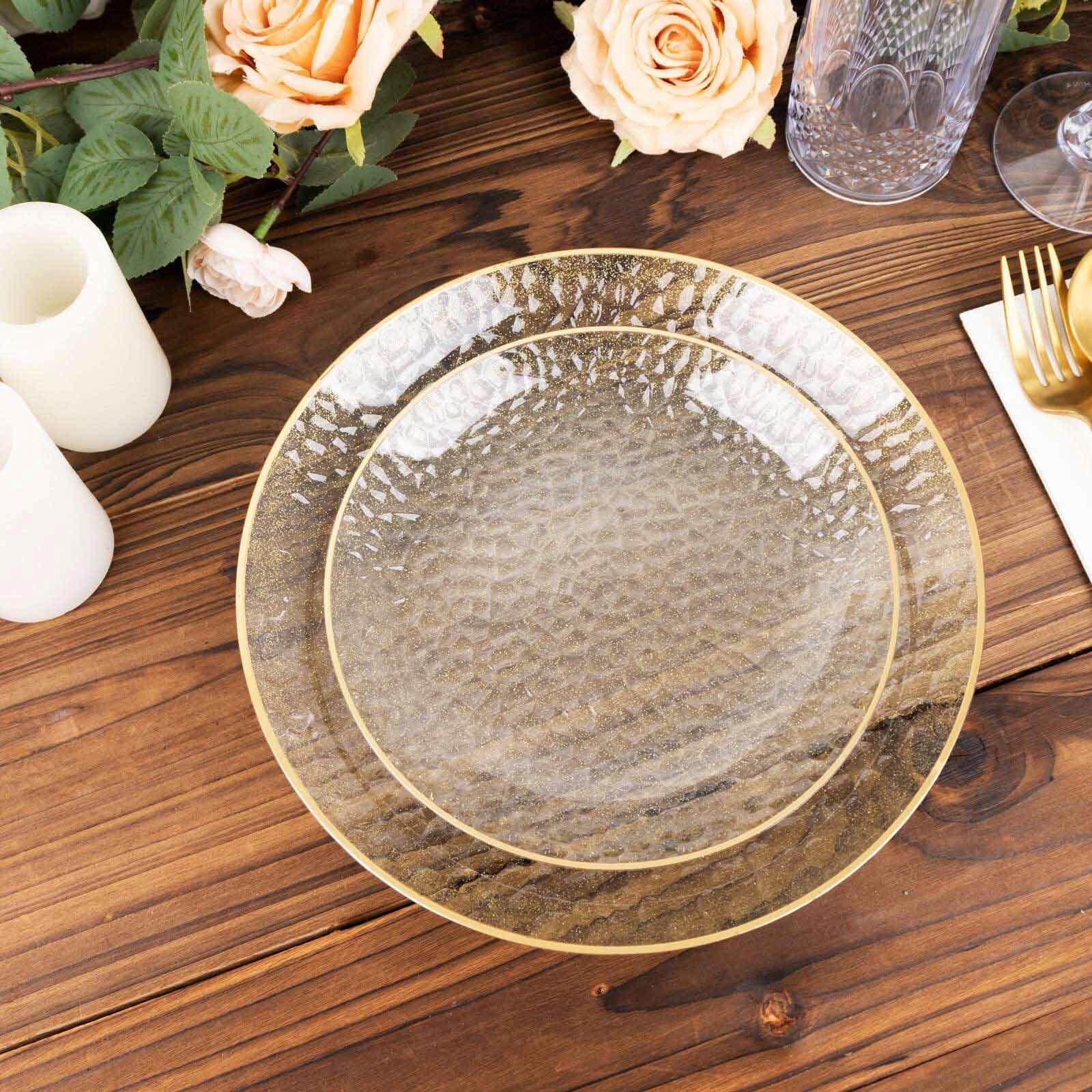 10-Pack Plastic 7 Round Dessert Appetizer Plates in Clear Gold Glittered Hammered Design with Gold Rim - Modern Disposable Salad Plates for Events & Banquets