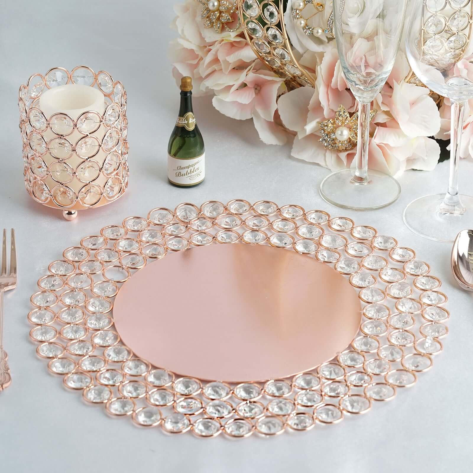 Wired Metal Round Charger Plate 14 in Rose Gold with Acrylic Crystal Beads, Glamorous Decorative Dinner Charger Tableware