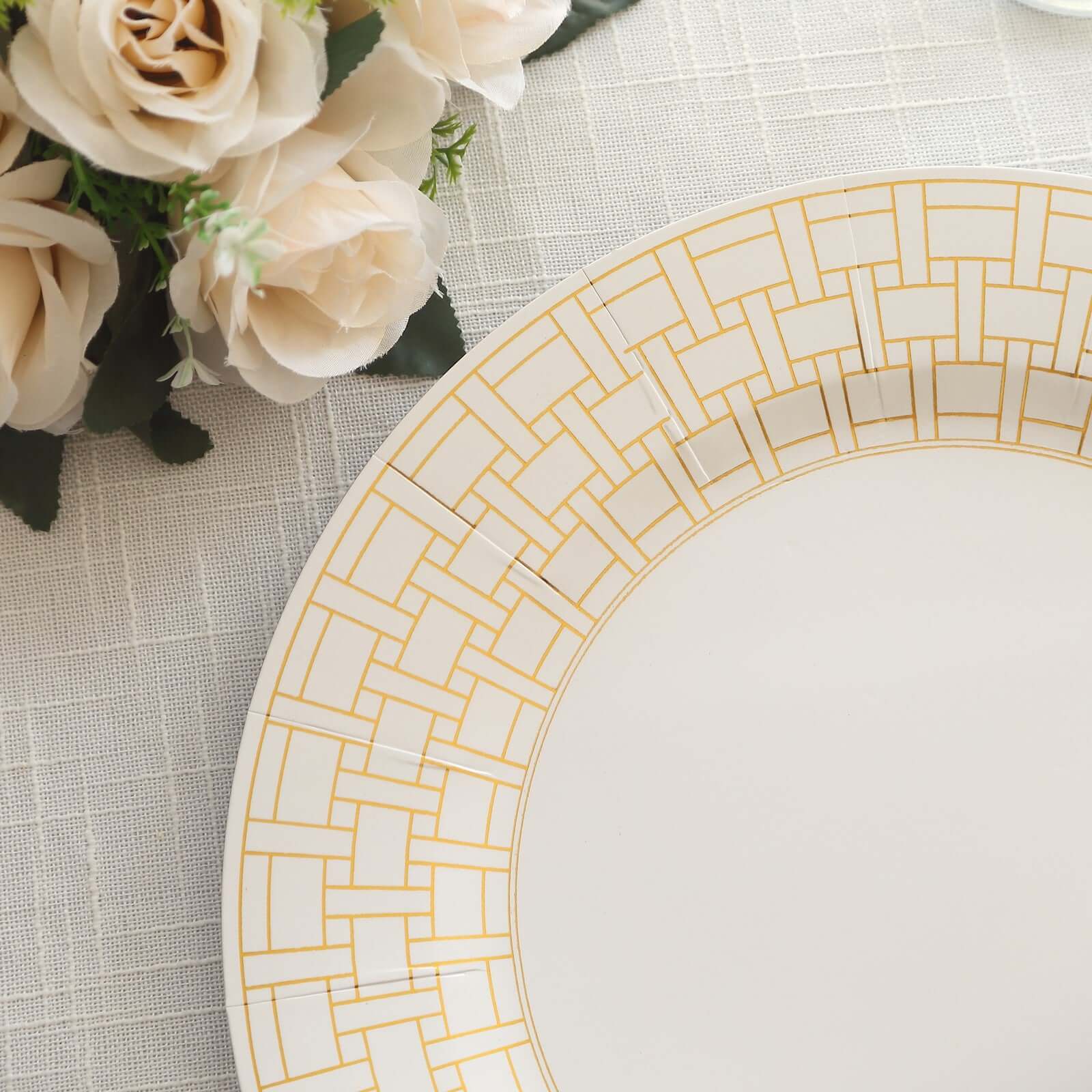 10-Pack Disposable Table Placemats in White with Gold Basketweave Pattern Rim - 650GSM Cardboard Placemats for Weddings & Banquets 13