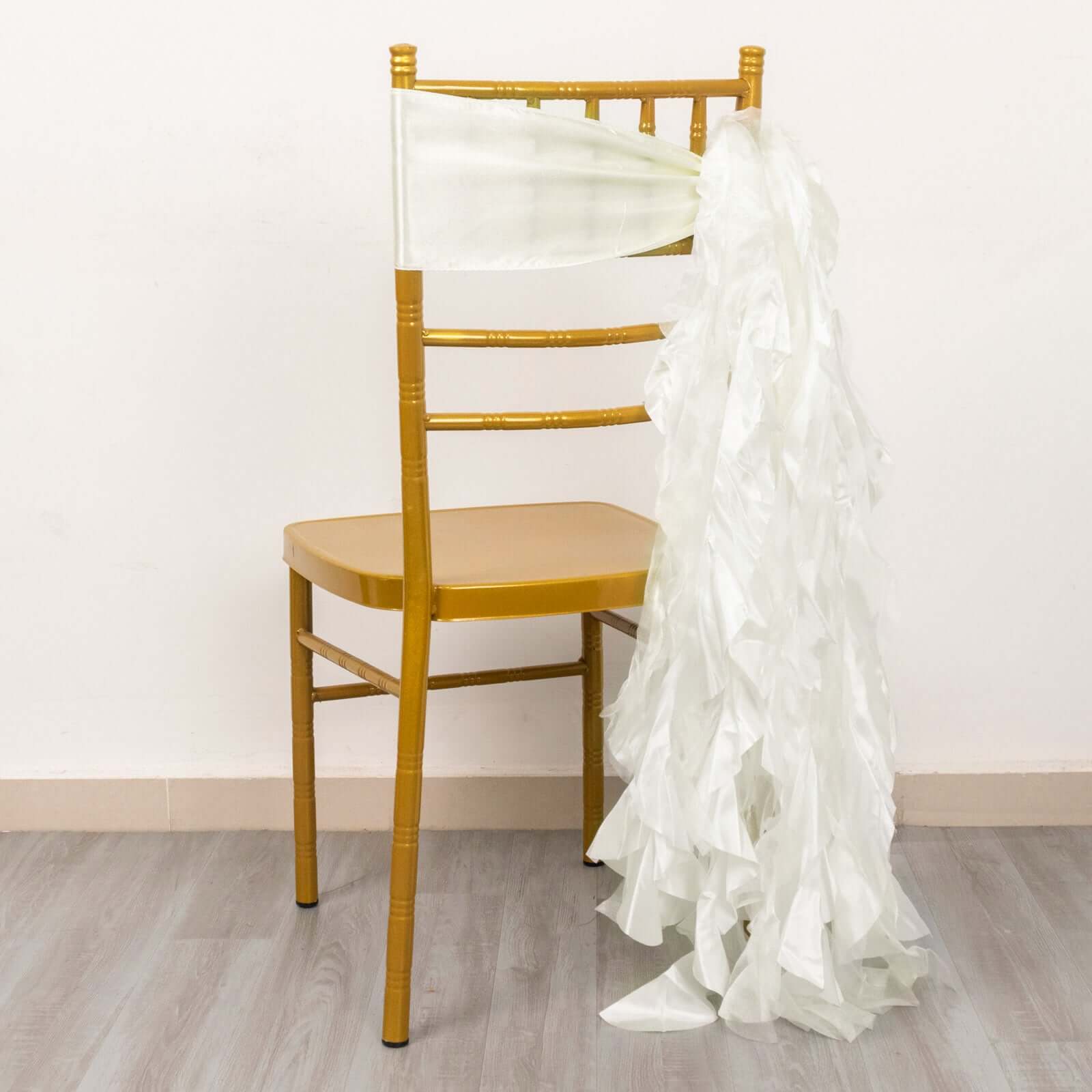 5 Pack Chiffon Satin Chair Sashes Ivory - Easy to Install Ruffled Curly Willow