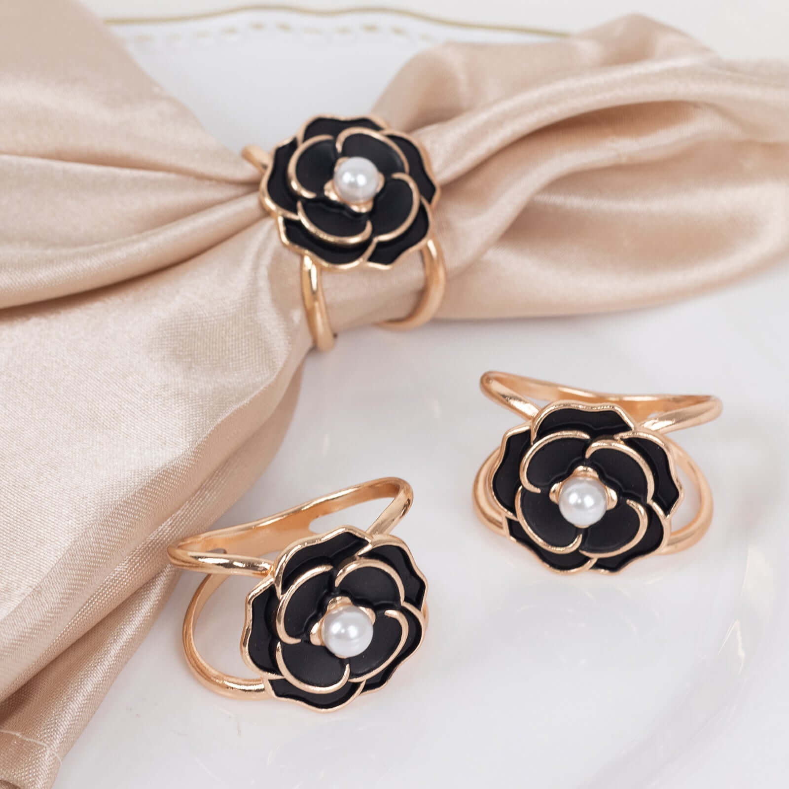 10 Pack Metal Chair Sash Pin Buckles Black 3D Rose Shaped - Stylish Pearl Floral Napkin Rings with Gold Rim