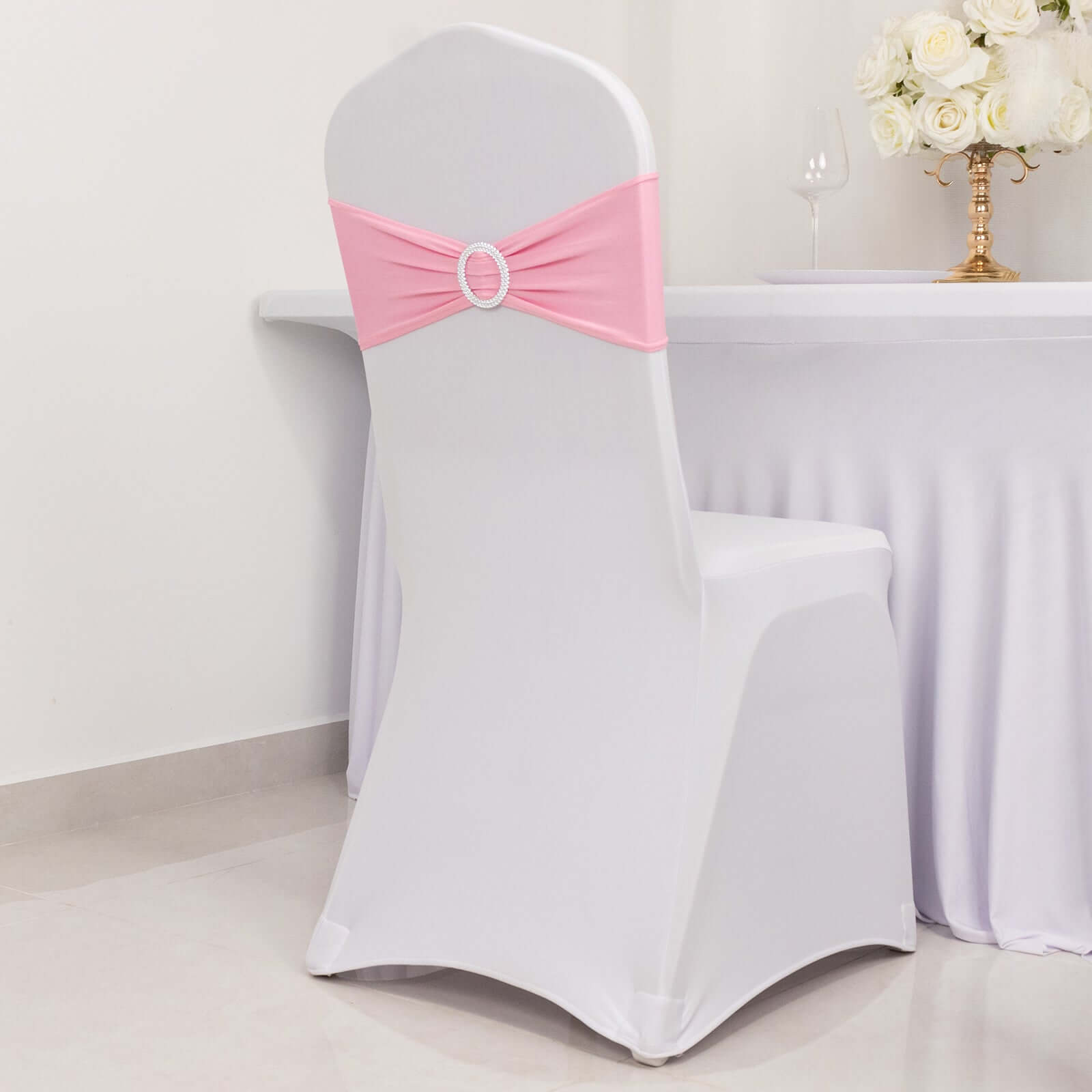 5 Pack Stretch Spandex Chair Sashes Pink - Reusable Chair Bands with Silver Diamond Ring Slide Buckle 5x14