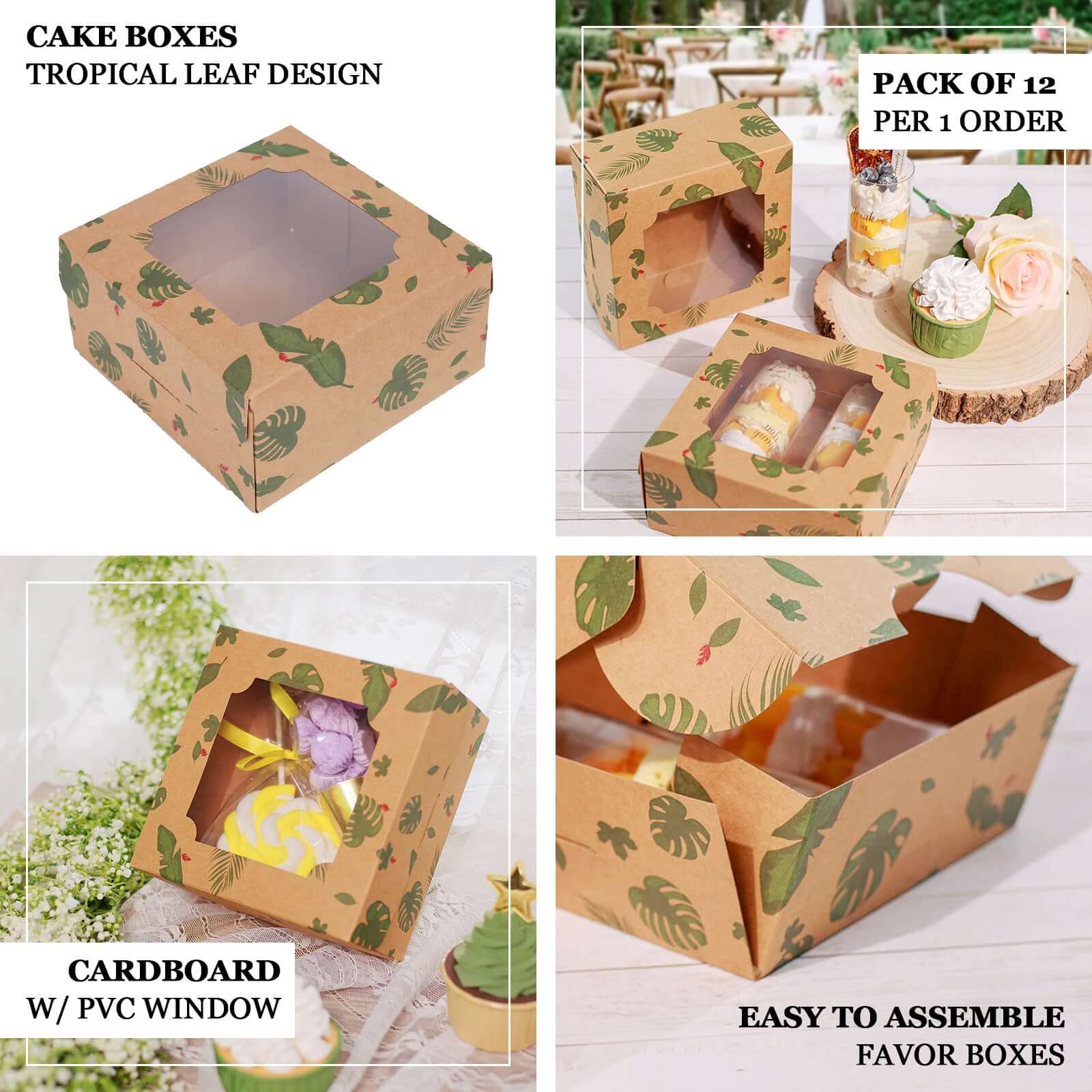12-Pack Cardstock Cookie Boxes with Display Window - Tropical Leaf Design Disposable Treat Bakery Boxes for Donuts Cupcakes Strawberries & Pastries 6x6x3