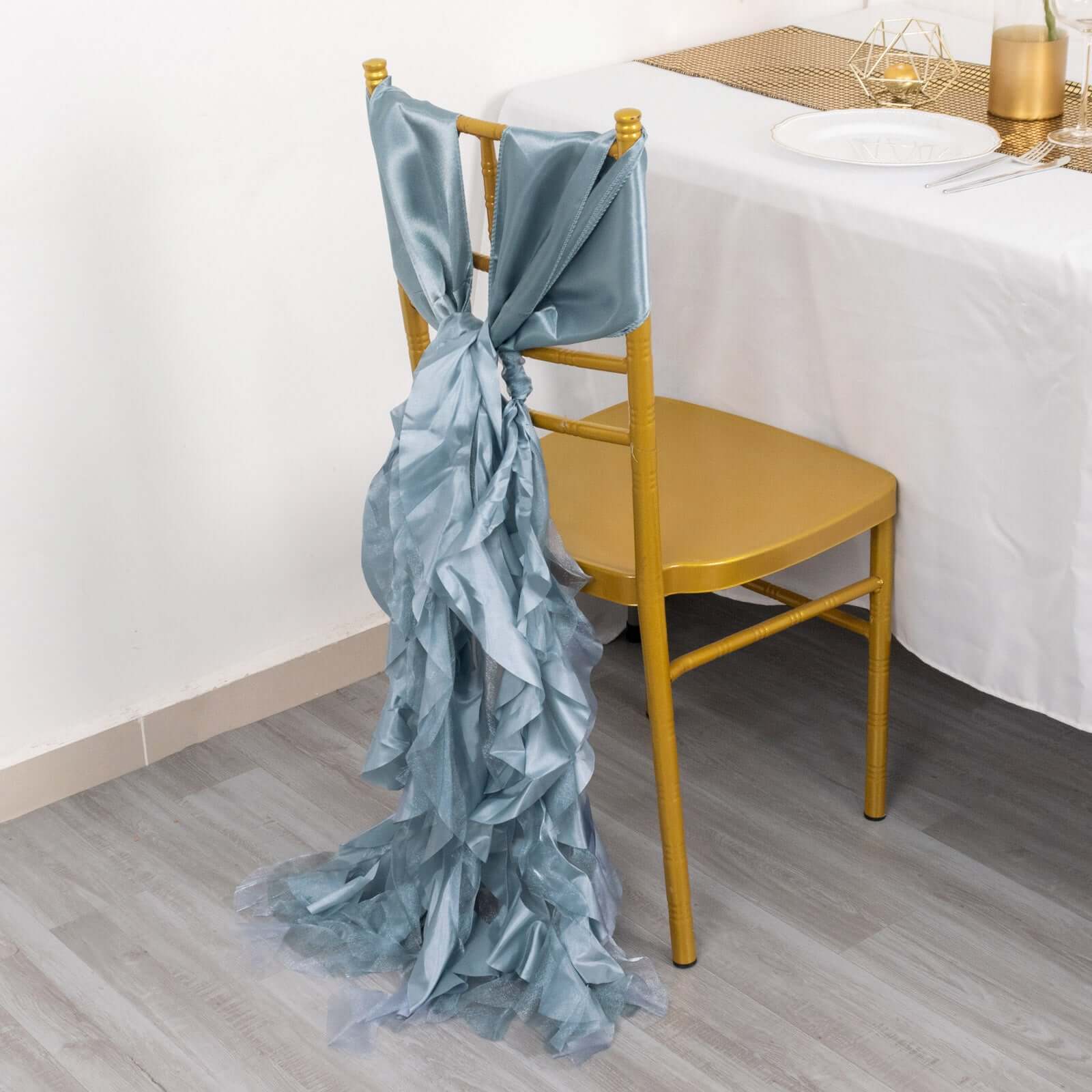 5 Pack Chiffon Satin Chair Sashes Dusty Blue - Easy to Install Ruffled Curly Willow