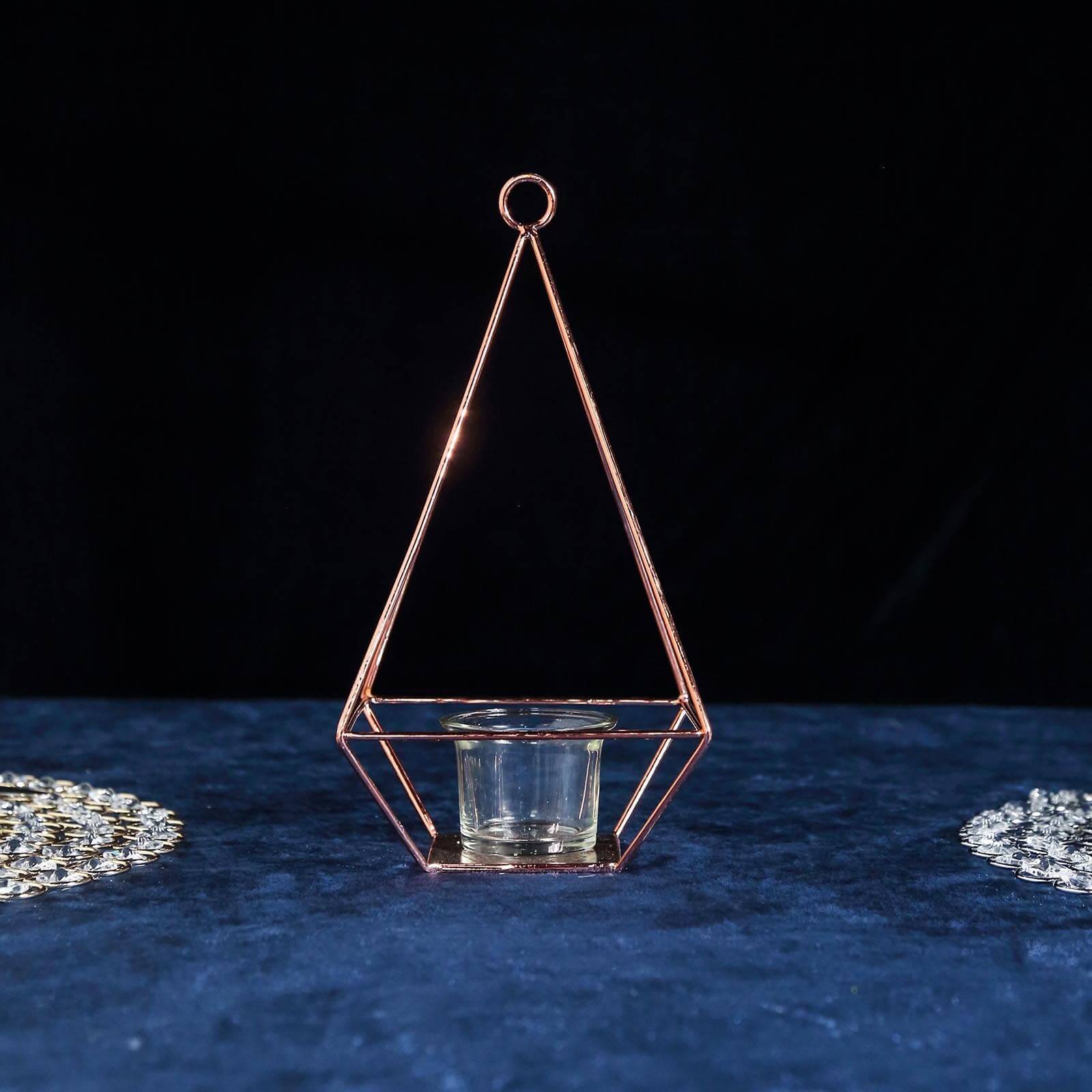 2-Pack Tealight Candle Holders Rose Gold Metal Pyramid Geometric Open Frame - Flower Stand 9