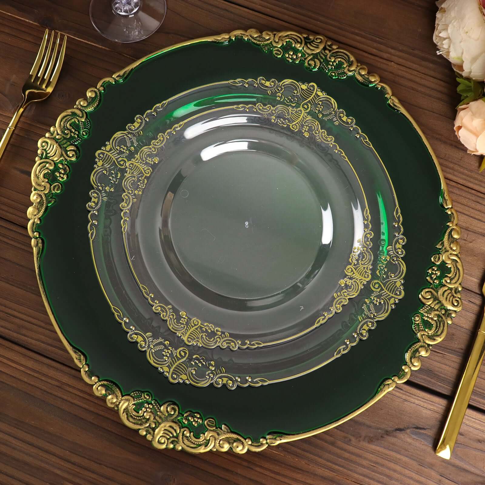 6-Pack Acrylic Round Charger Plates 13 in Hunter Emerald Green with Gold Embossed Baroque Rim, Antique Decorative Dinner Party Charger Tableware