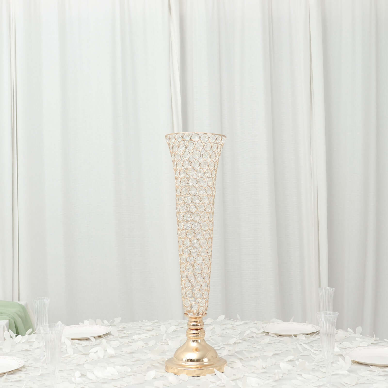 2-Pack Crystal Beaded Trumpet Vase Gold - Exquisite Floral Display Centerpiece Stand Set for Banquets & Receptions 28 Tall