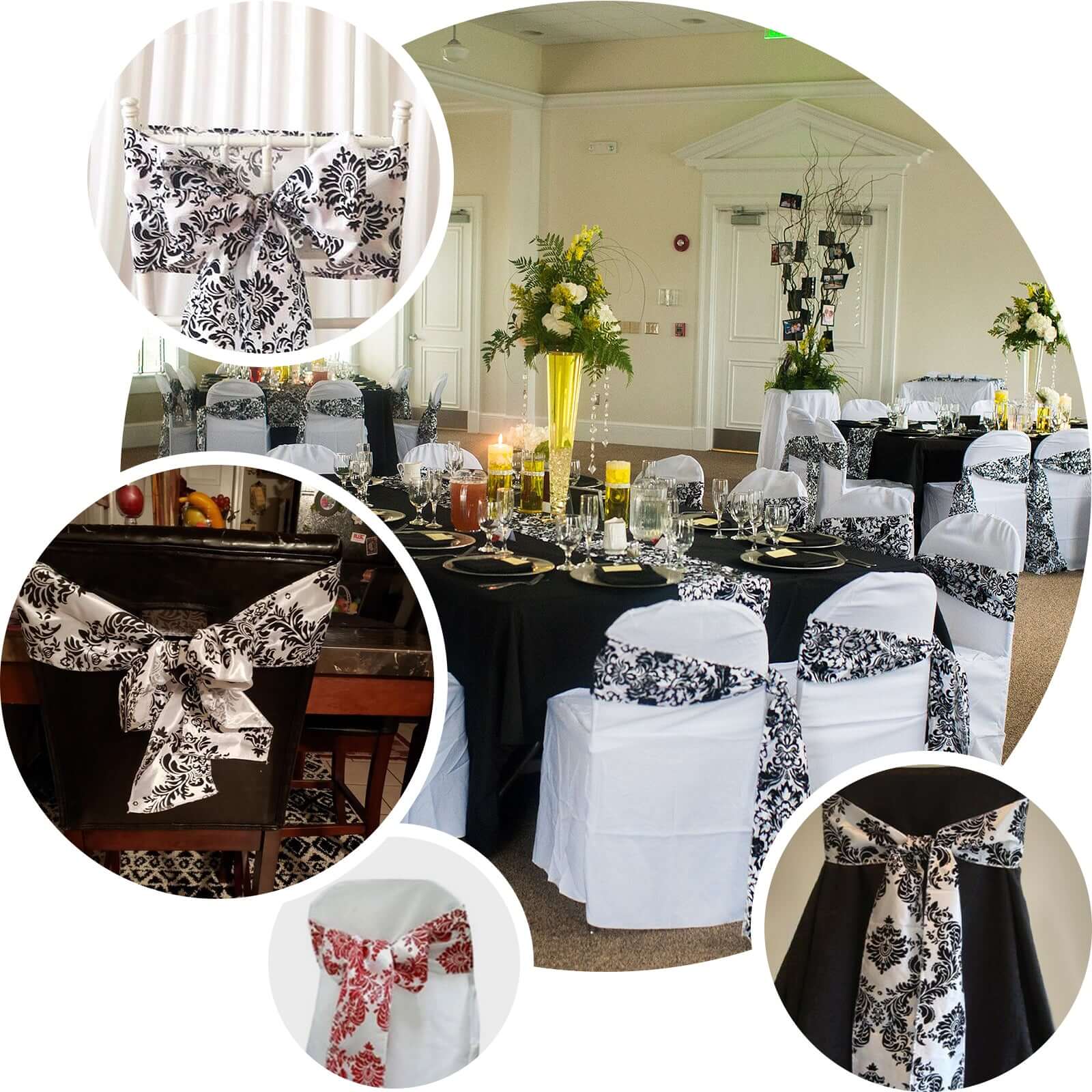 5 Pack Taffeta Damask Chair Sashes White with Chocolate Flocking Design 6x108