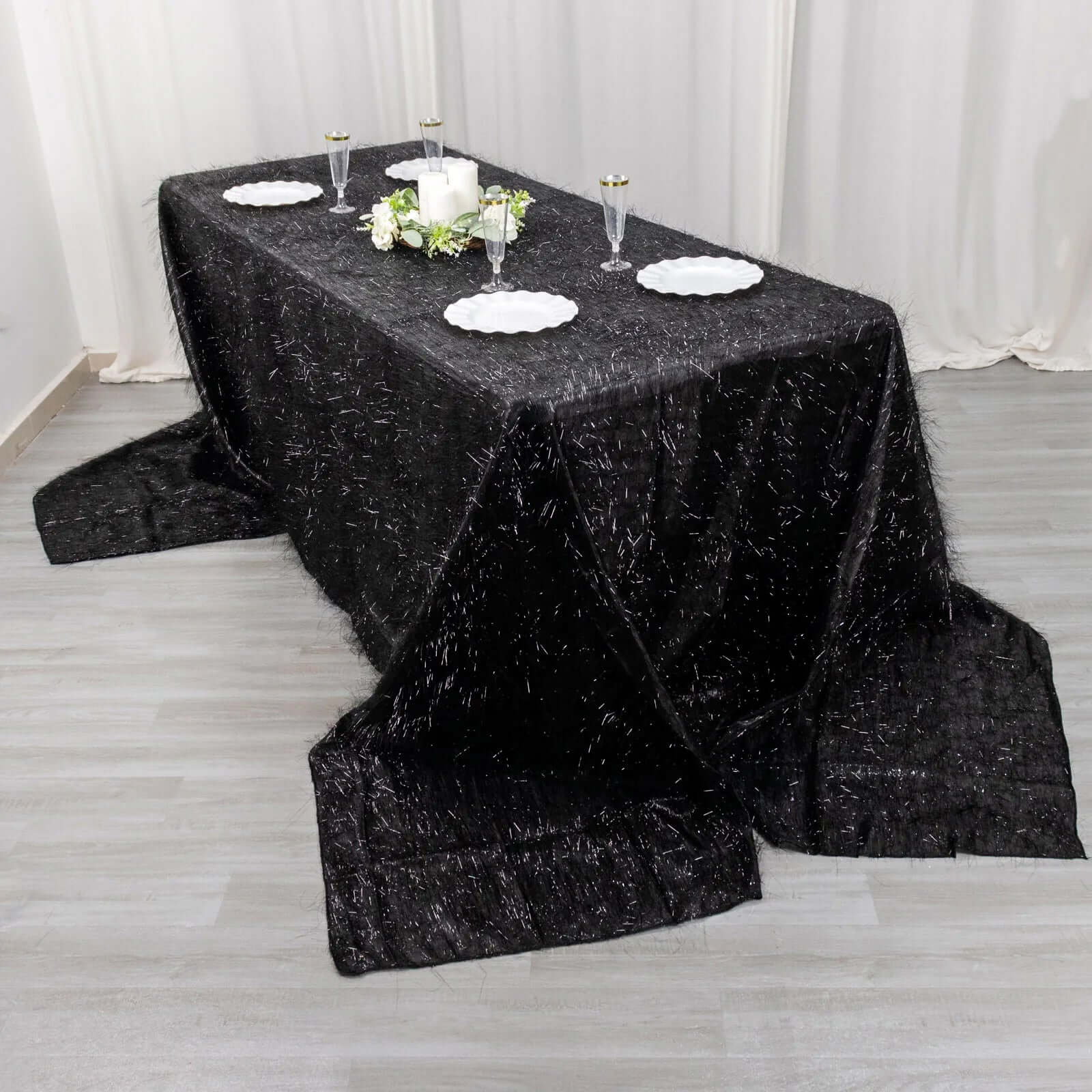 Polyester 90x156 Rectangle Tablecloth Black Metallic Fringe Shag Tinsel Table Cover