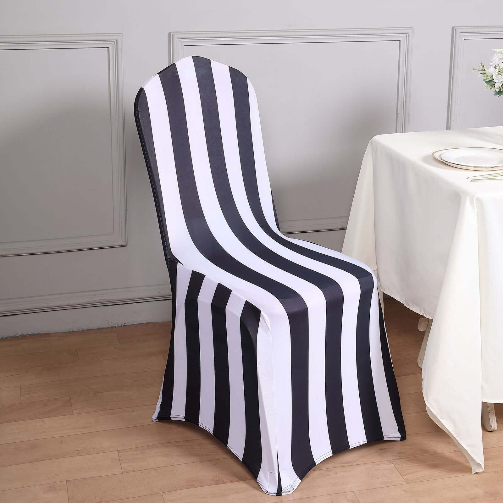 Spandex Chair Cover with Foot Pockets for Banquet Chairs Black/White 2 Stripes - Durable 160GSM Fitted Slipcover for Weddings & Gatherings