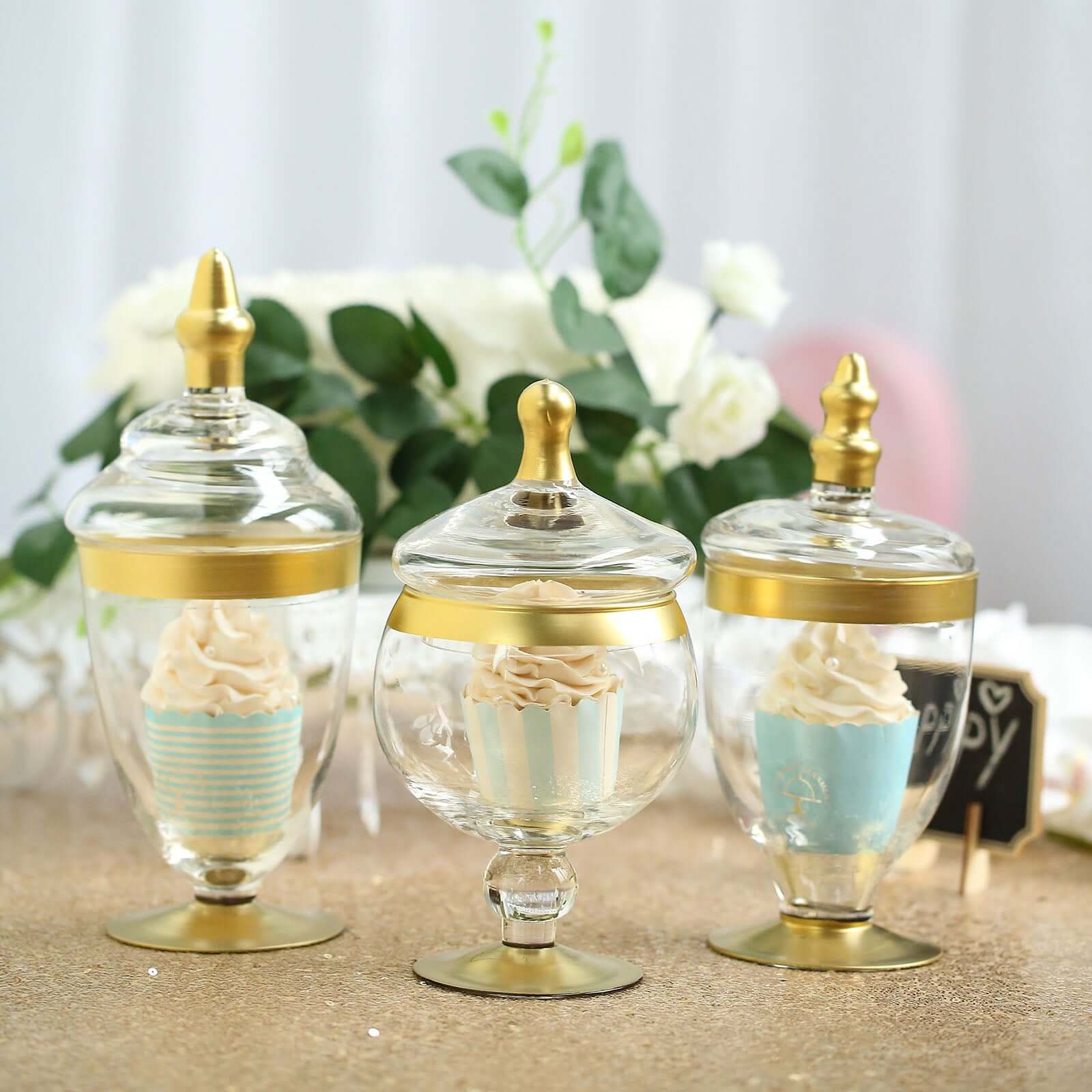 Set of 3 Glass Jars Apothecary Design Clear with Gold Trim and Snap-On Lids - Stylish Decorative Candy Buffet Storage 8.5, 9, 10