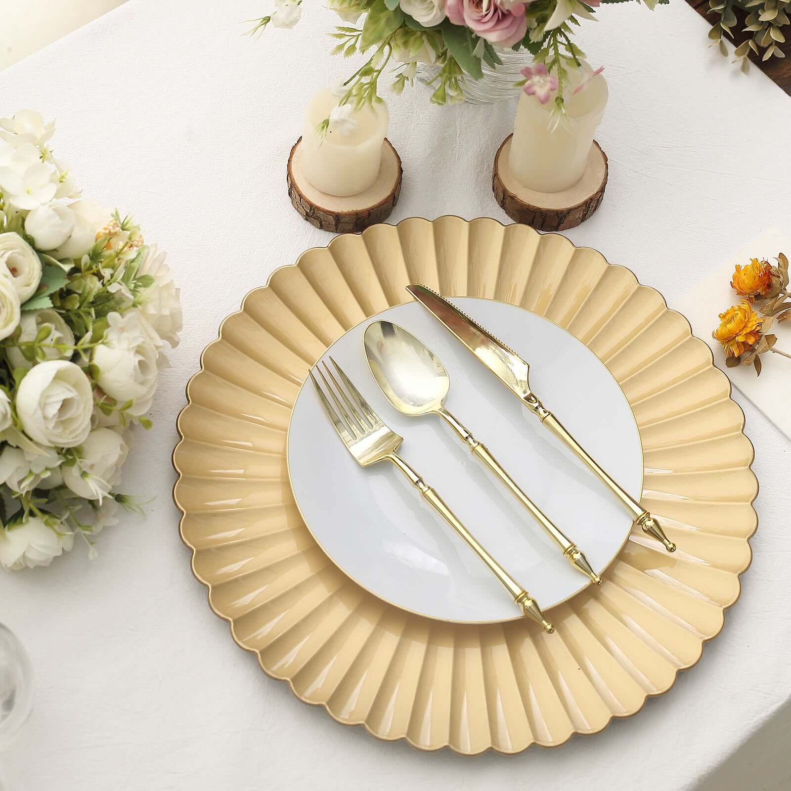 6-Pack Plastic Round Charger Plates 13 in Gold with Scalloped Shell Pattern, Coastal Inspired Disposable Charger Tableware