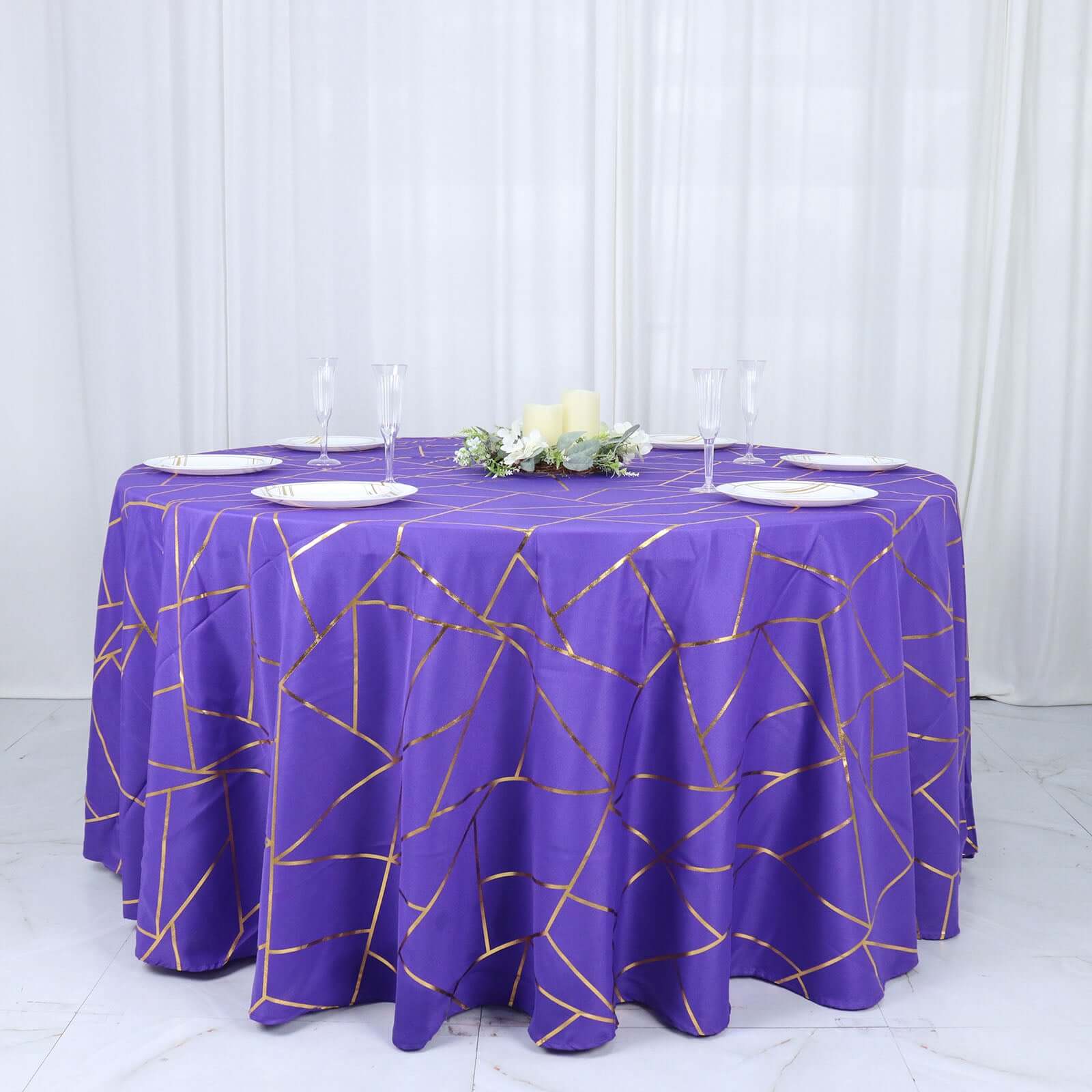 Polyester 120 Round Tablecloth Purple with Gold Foil Geometric Pattern Wrinkle-Resistant Seamless Table Cover