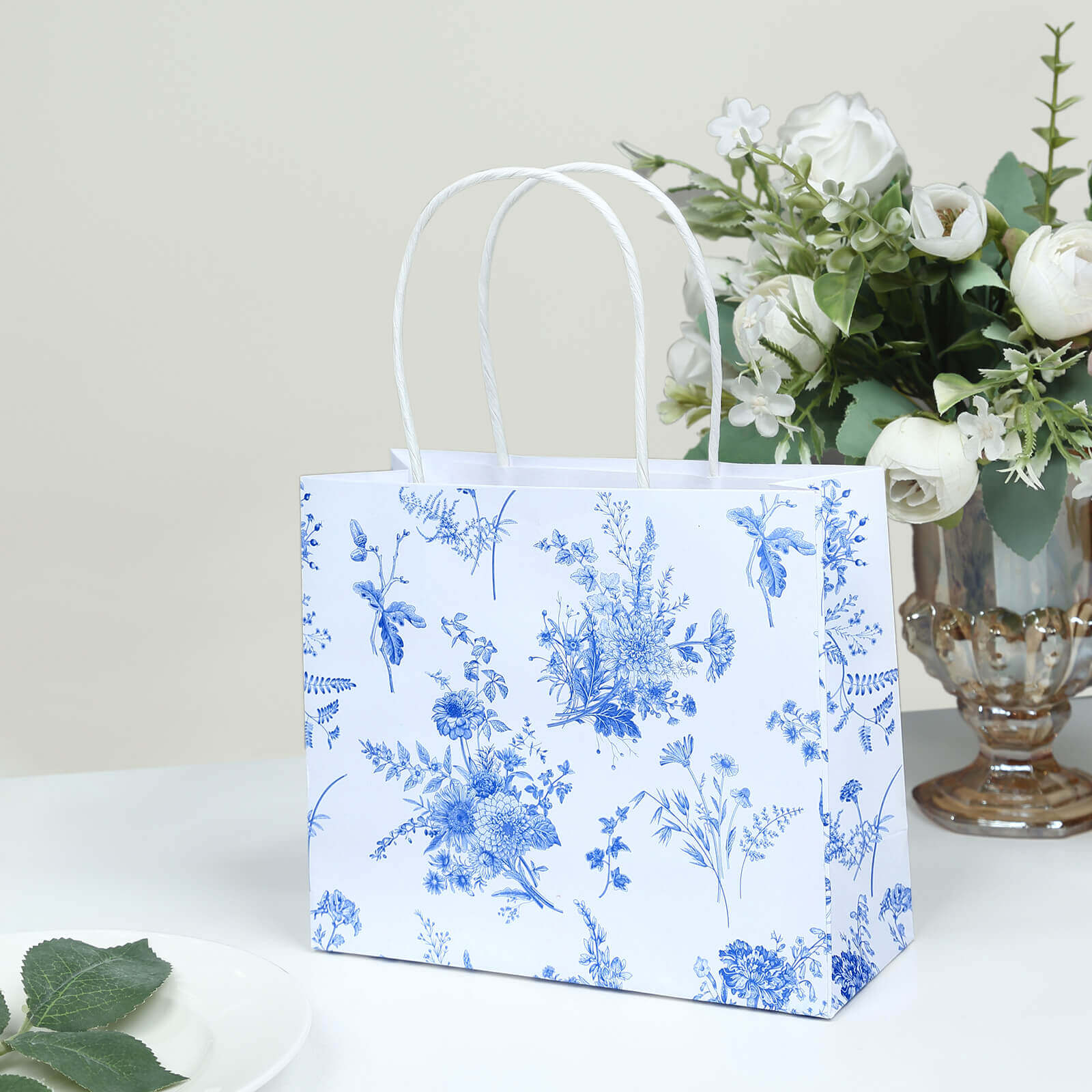 12 Pack White Blue Paper Gift Bags With Handles in French Toile Pattern, Party Favor Goodie Bags - 6x7