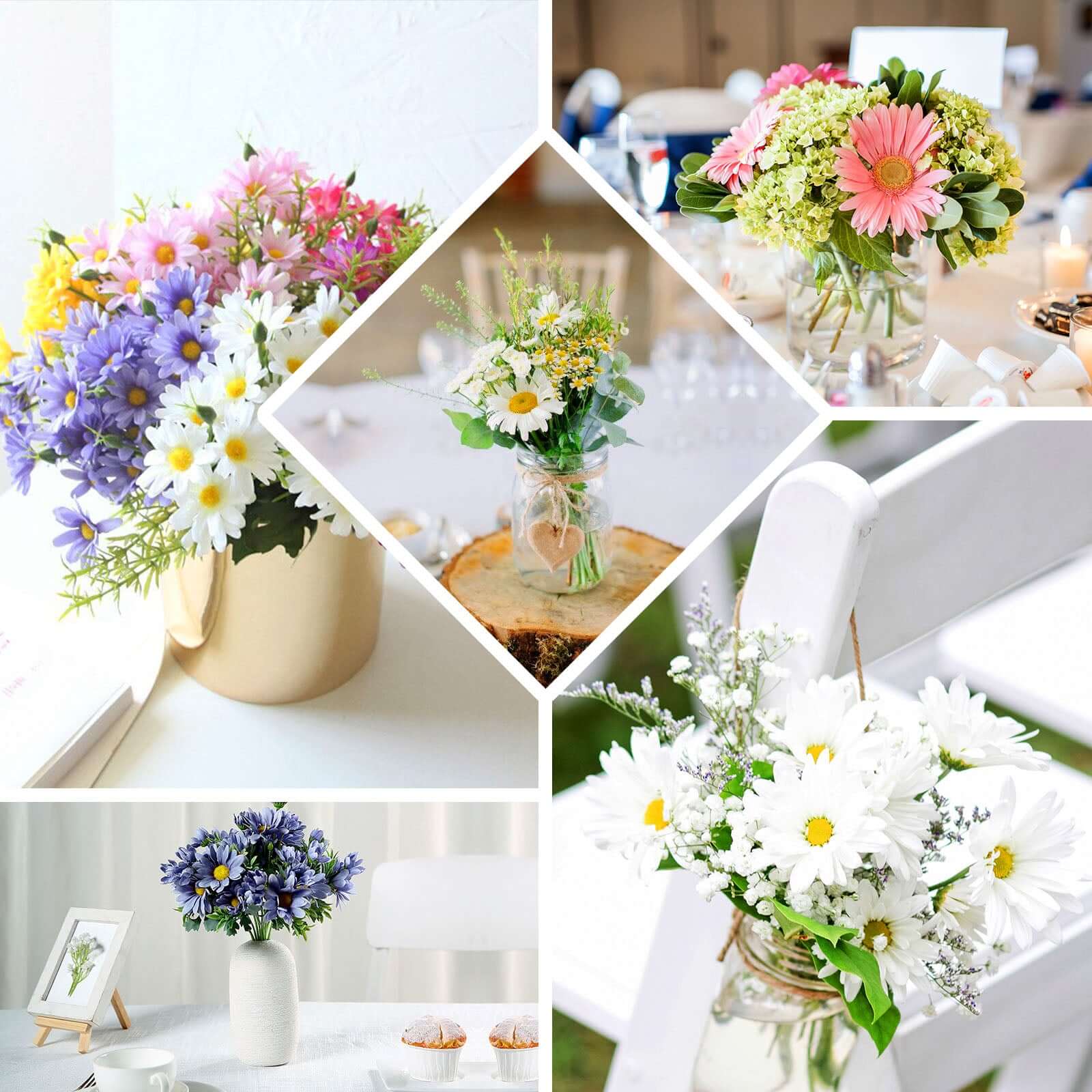 4 Bushes 11 White Artificial Silk Daisy Flower Bouquet Branches
