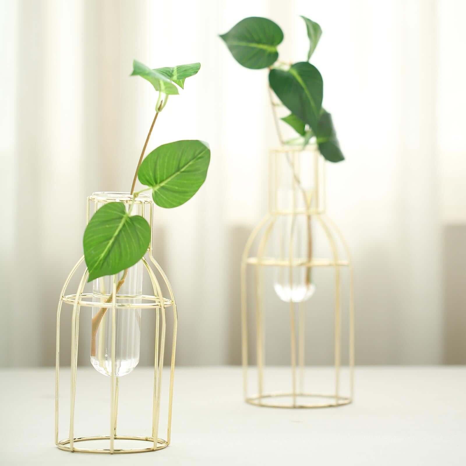 Set of 2 Wedding Centerpieces Gold Metal Frame Bottle Shaped Design - Geometric Glass Bud Vases 8,10