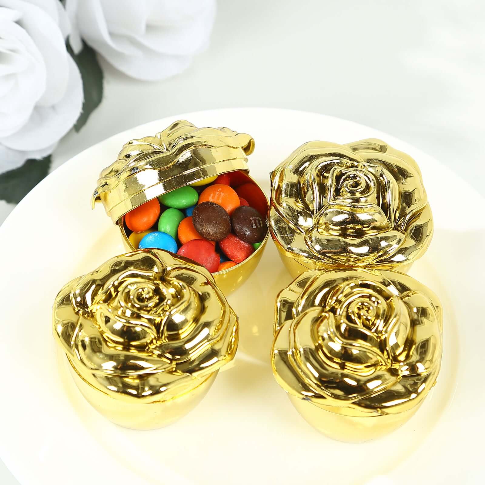 20-Pack Plastic Fillable Mini Candy Container in Vintage Rose Style Gold with Lids - Stylish Candy Treat Favor Boxes 2