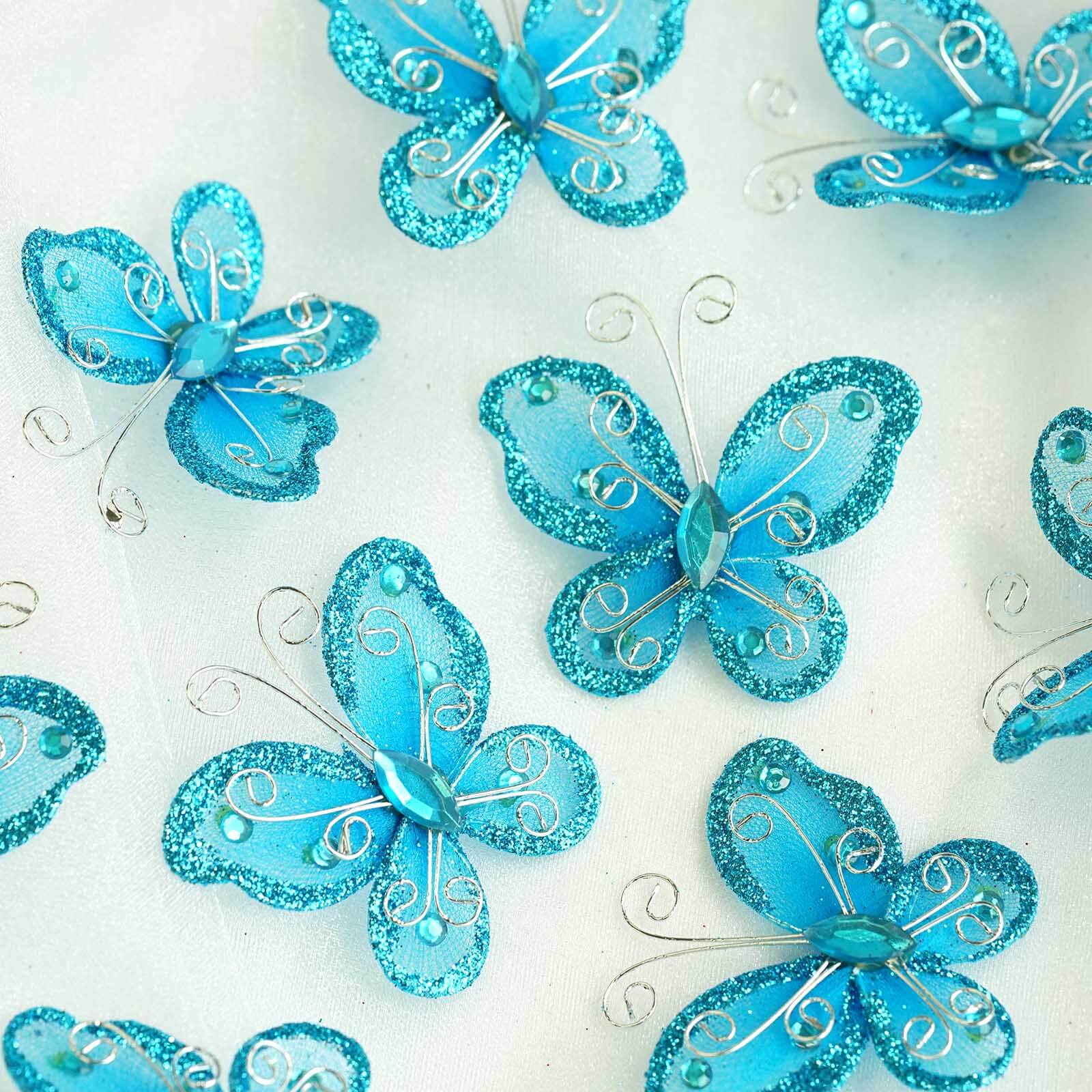 12 Pack 2 Turquoise Diamond Studded Wired Organza Butterflies