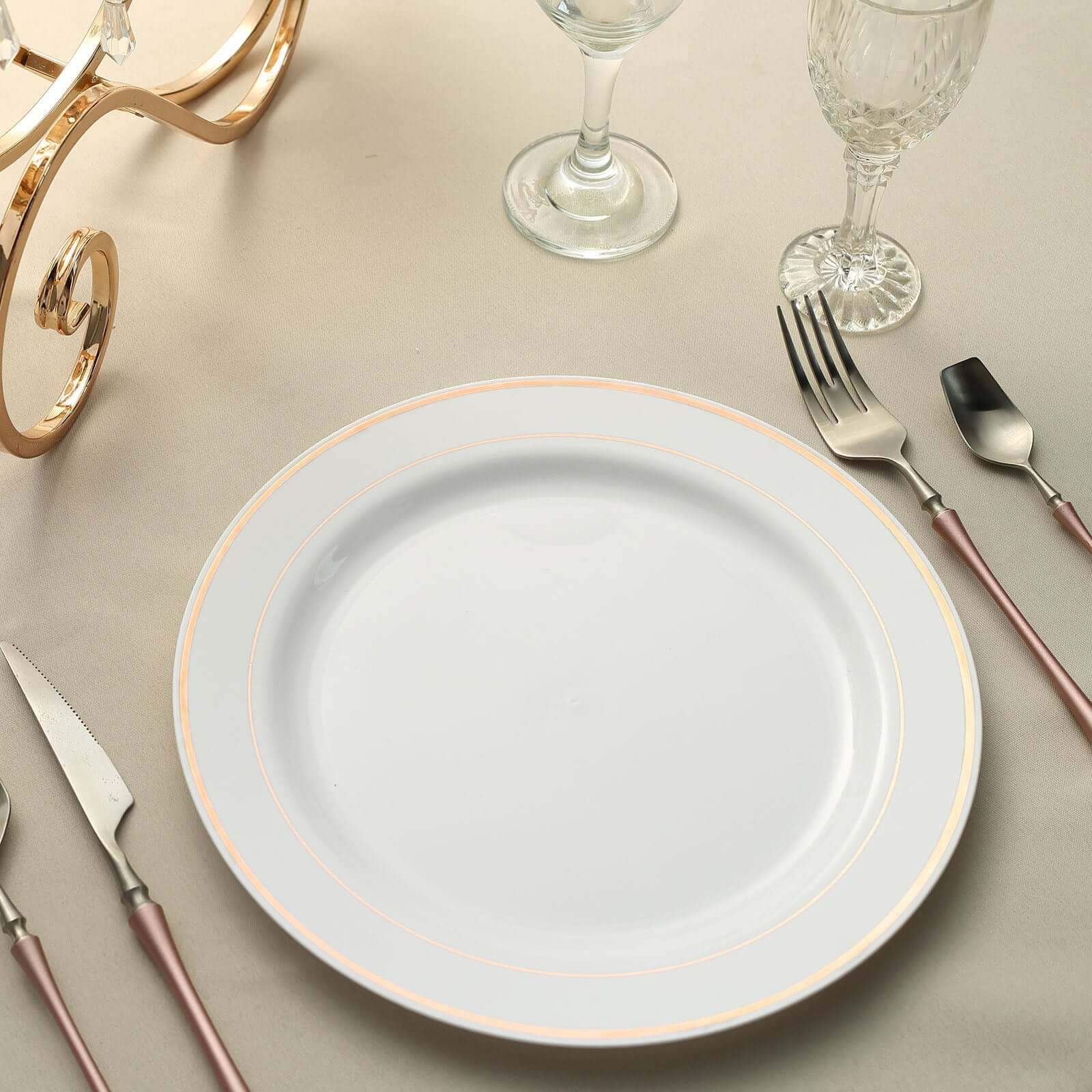 10-Pack Plastic Dinner Plates White with Très Chic Rose Gold Rim - Perfect Disposable Party Plates 10