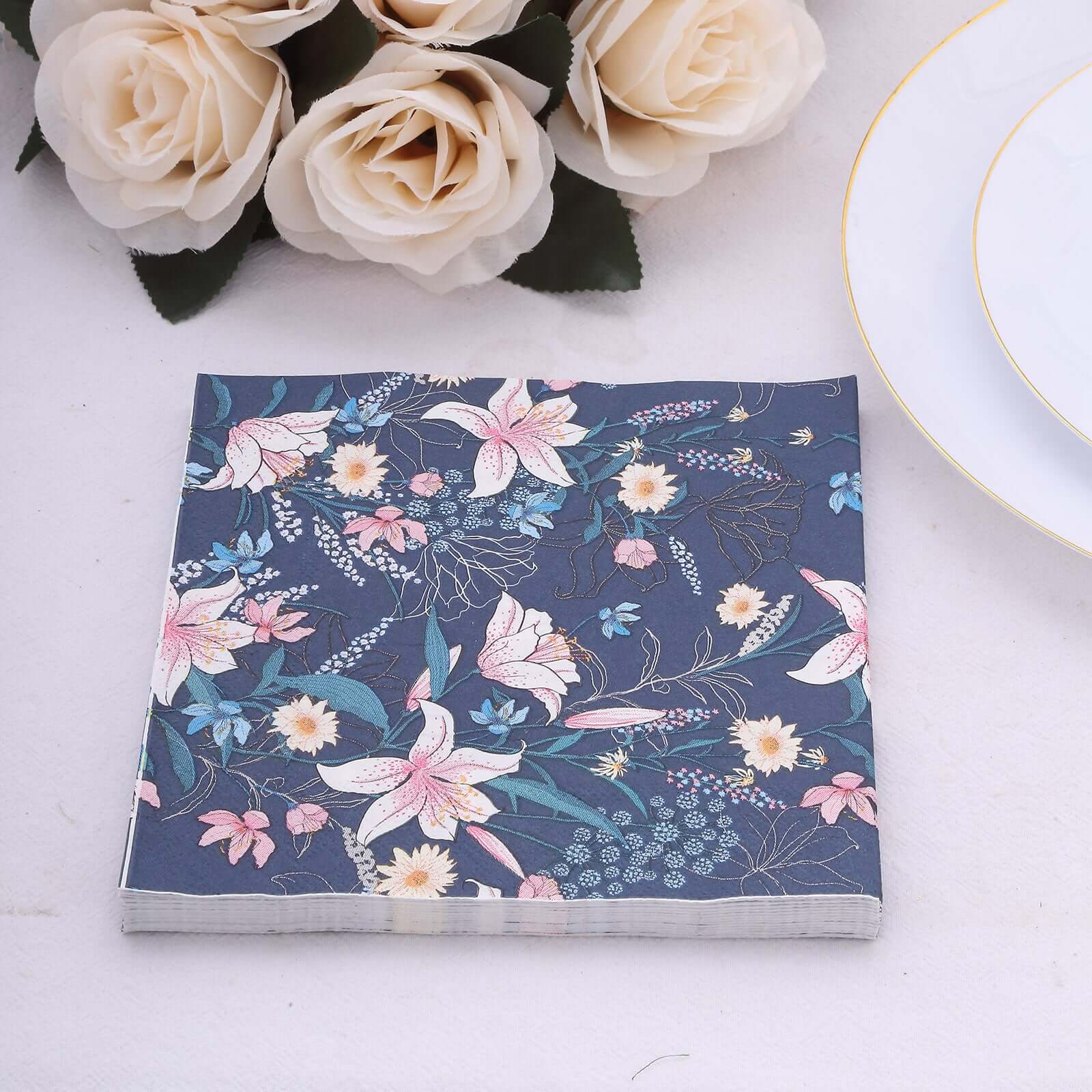 50-Pack Paper Beverage Napkins with Water Lily Floral Design Navy Blue - 2 Ply Soft 18GSM Wedding Napkins 6.5x6.5