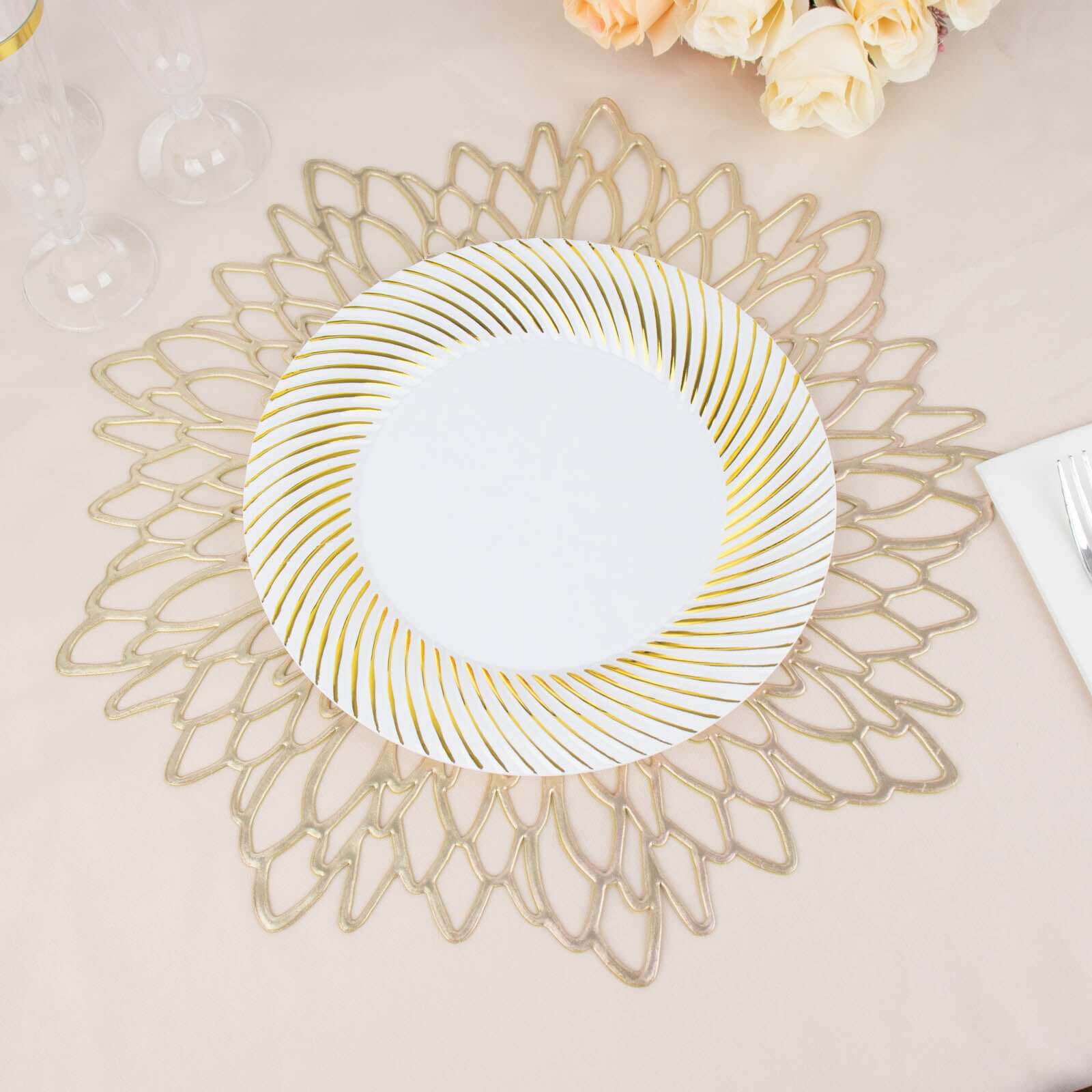 10-Pack Plastic 9 Round Dinner Plates White with Gold Swirl Rim - Disposable Party Plates