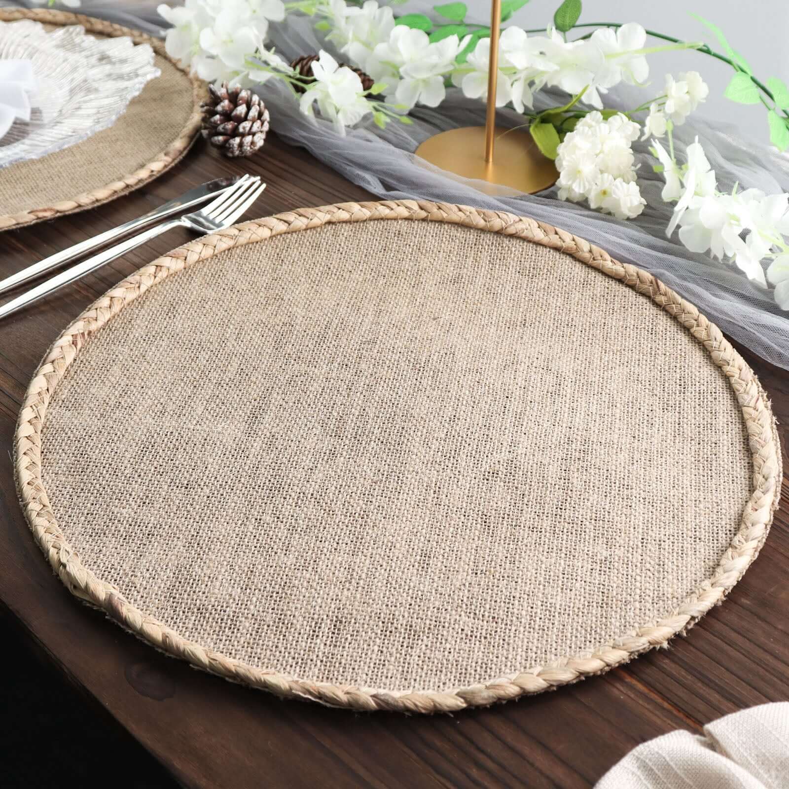 4-Pack Placemats Braided Edge Design Natural Burlap Jute Round - Rustic Farmhouse Style with Trim 15