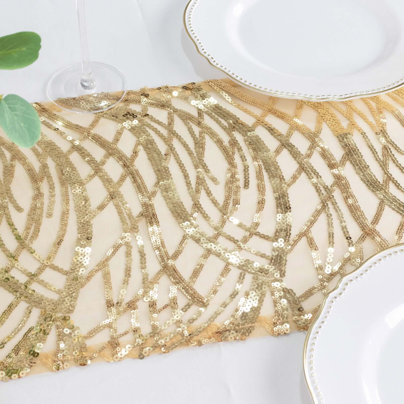 Sequin Mesh 12x108 Table Runner Champagne Stylish Wave Embroidery