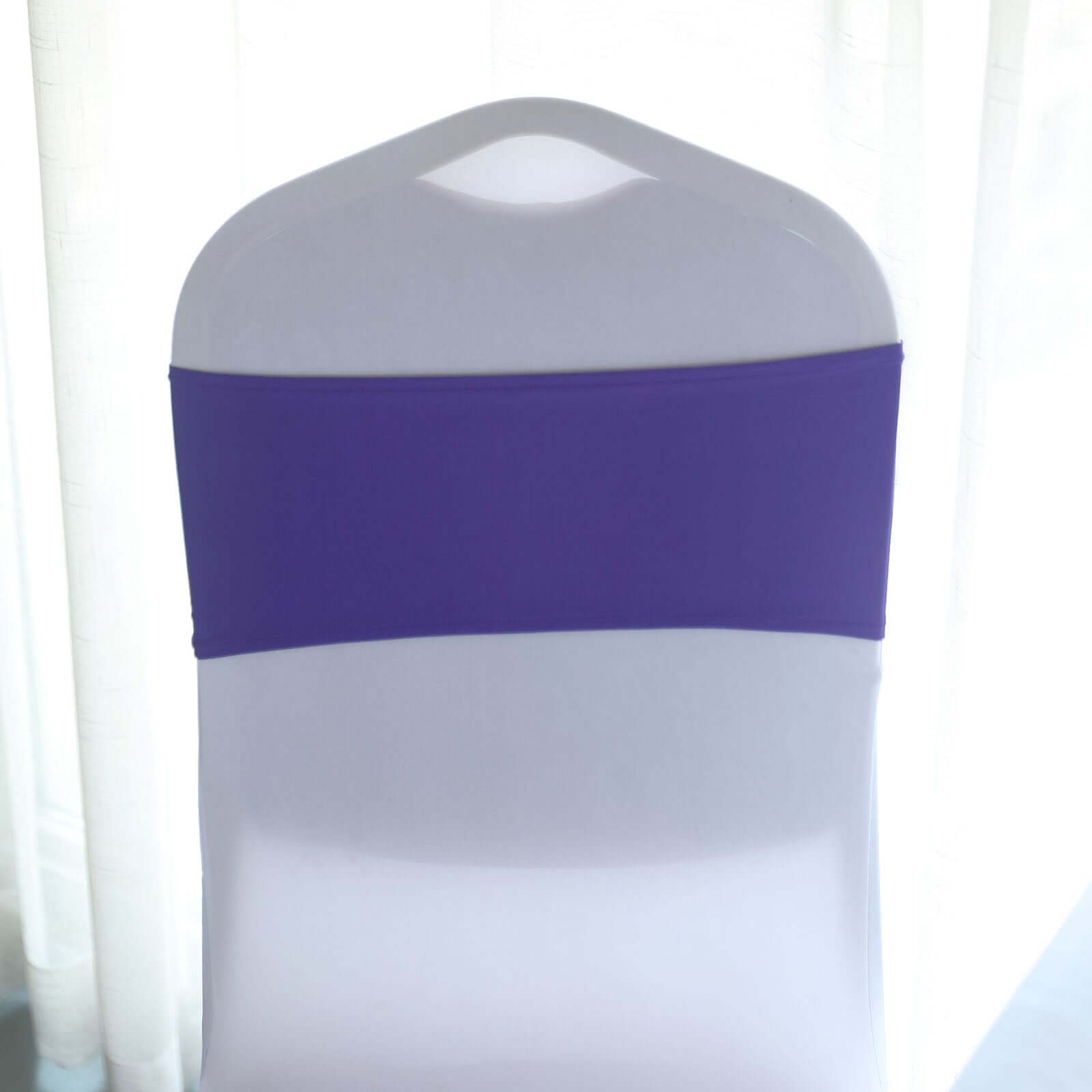 5 Pack Stretch Spandex Chair Sashes Purple - Reusable Chair Bands with Silver Diamond Ring Slide Buckle 5x14