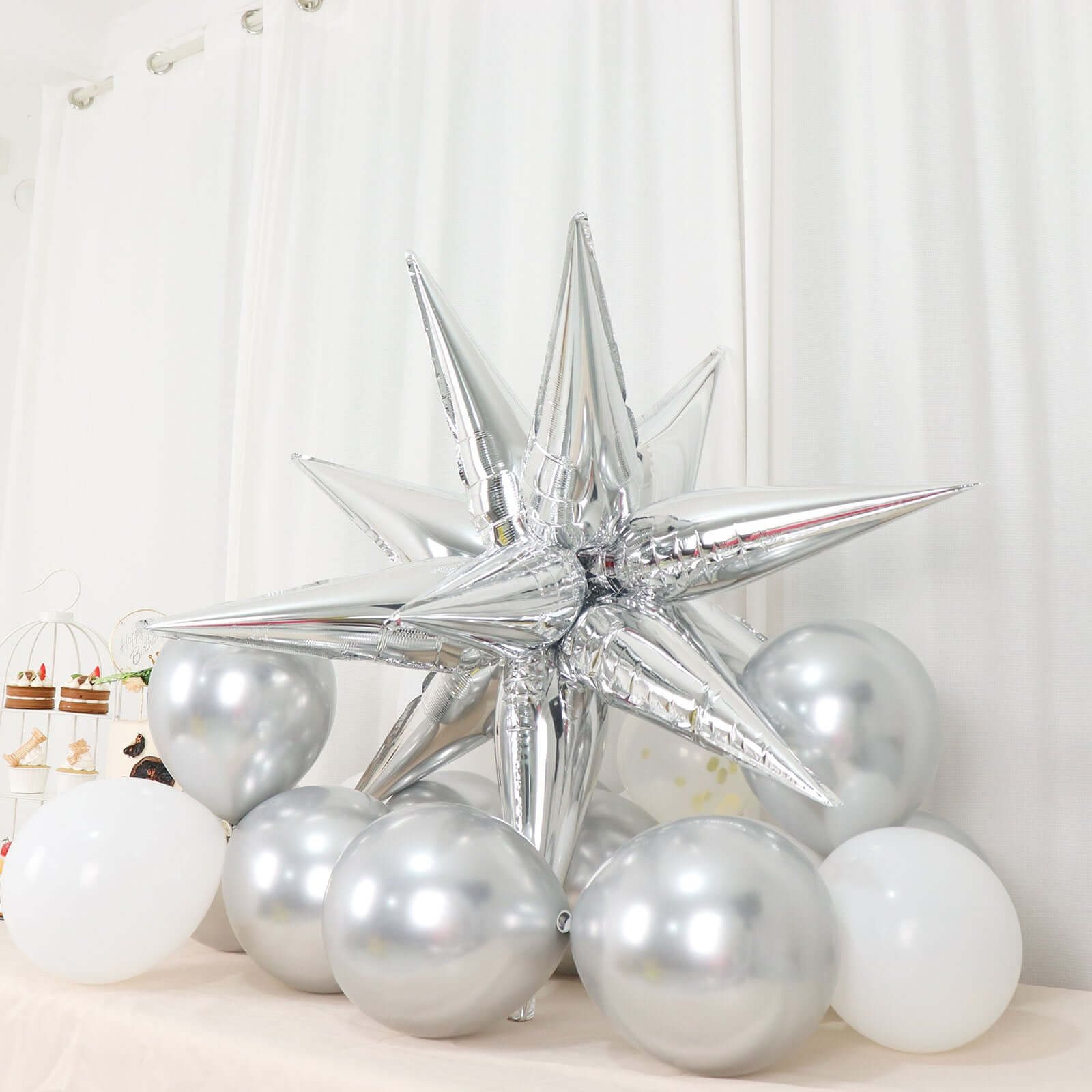 36 Pack Metallic Silver DIY Mylar Foil Starburst Cone Balloons, 3D Explosion Star Party Balloons Kit - Customizable