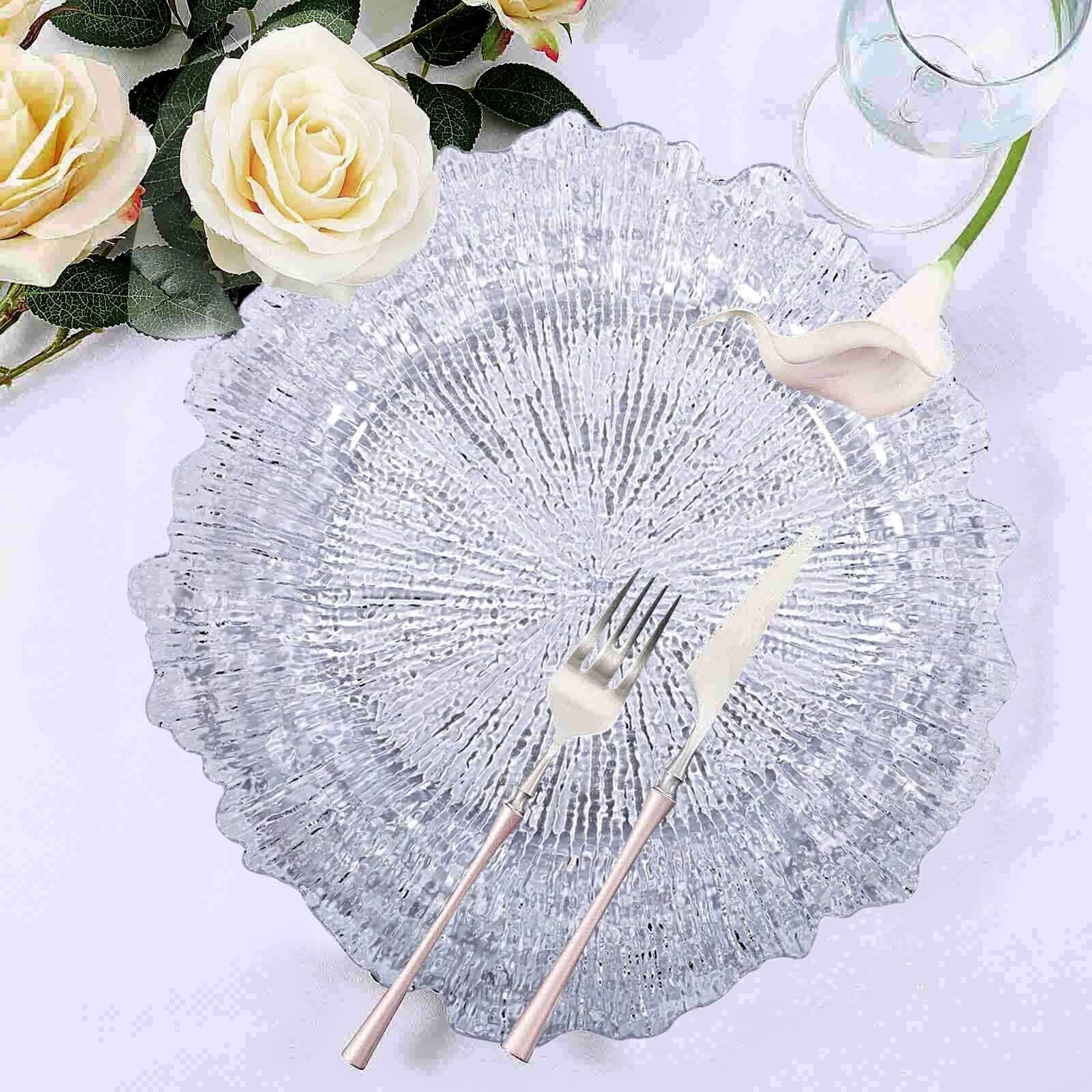 6-Pack Plastic Round Charger Plates 12 in Clear with Reef Design, Decorative Dinner Party Serving Plates