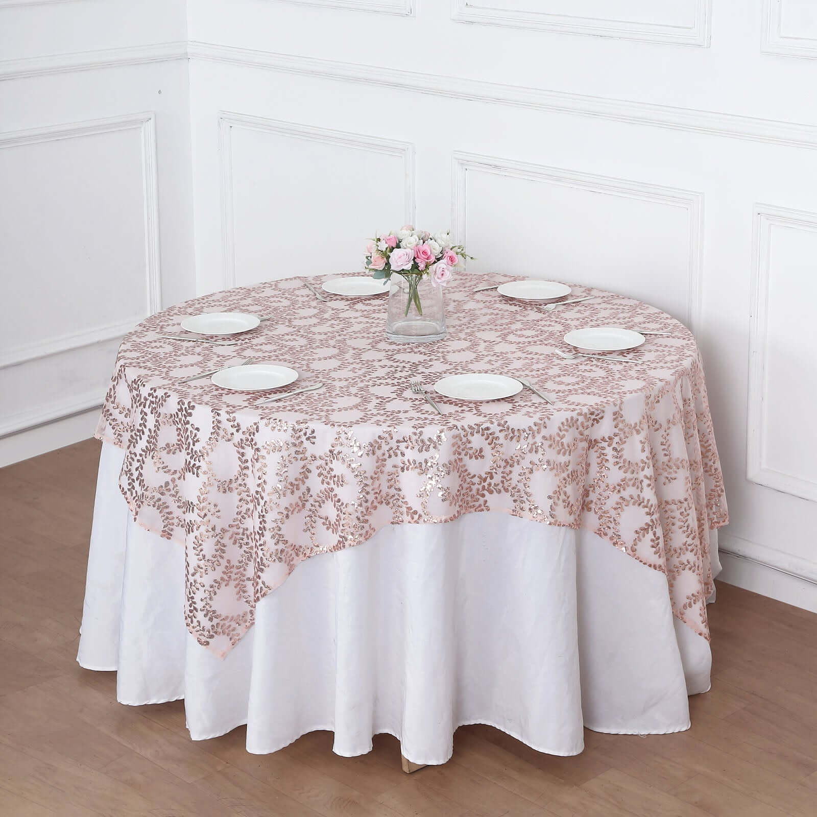 Tulle 72x72 Table Overlay Square Tablecloth Rose Gold - Sequin Leaf Embroidered Table Topper