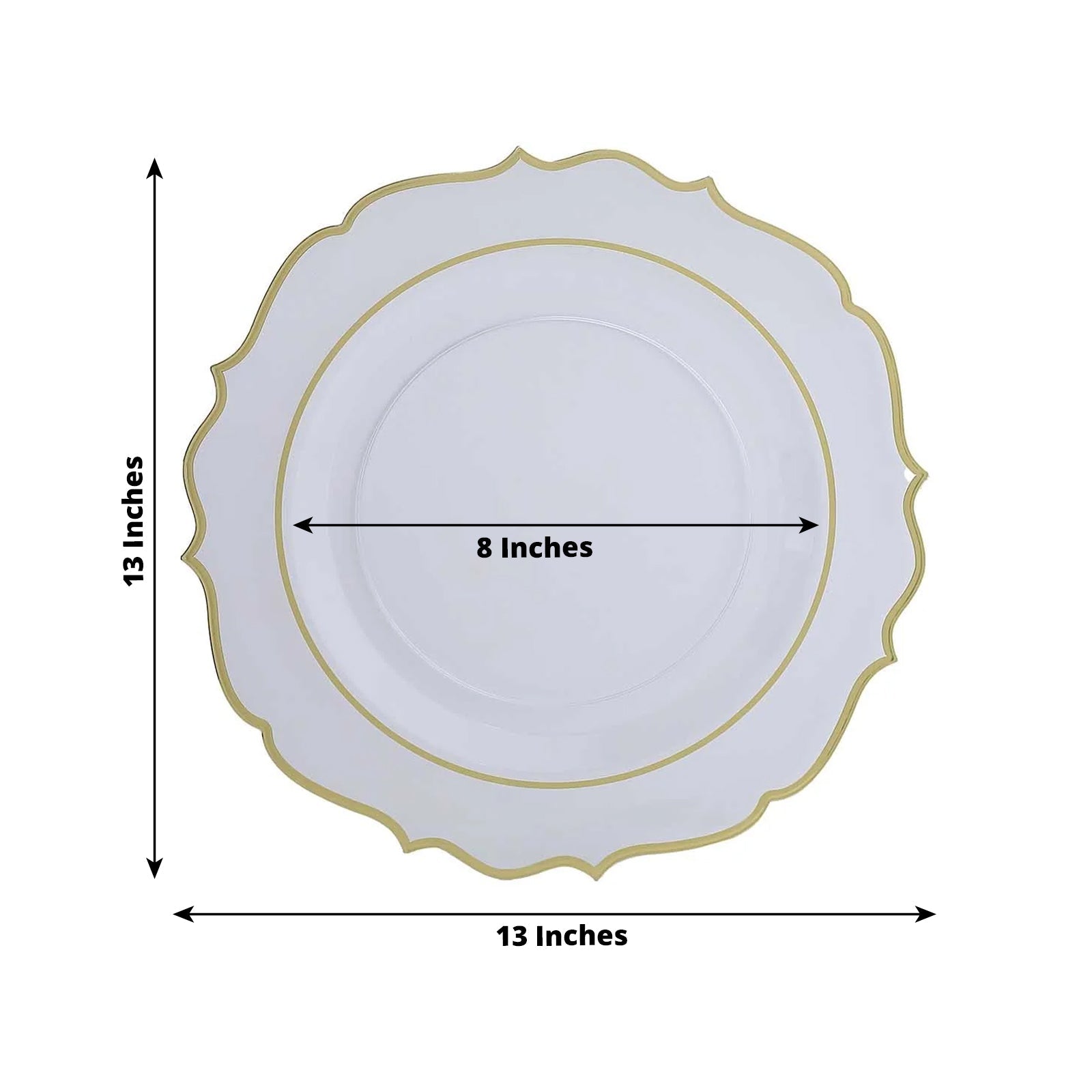 10-Pack Economy Plastic Round Charger Plates 13 in Clear with Gold Scalloped Rim, Decorative Dinner Party Serving Plates