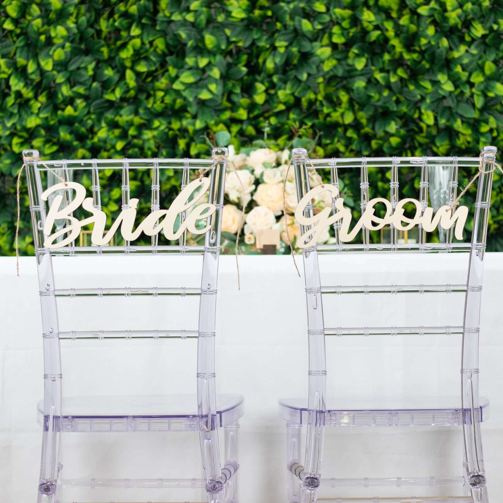 Set of 2 Bride and Groom Chair Signs Natural Wood - Charming Calligraphy Wall Hanging Wedding Decor & Props 12x5