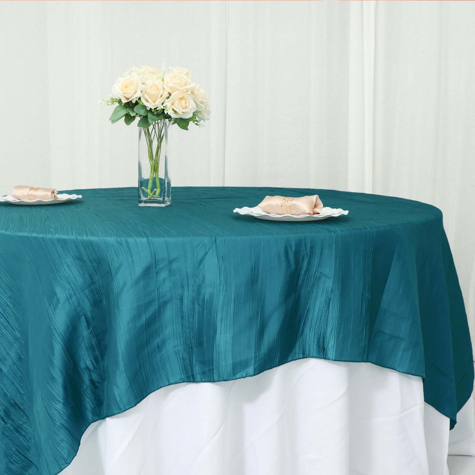 Taffeta 90x90 Table Overlay Square Tablecloth Peacock Teal - Accordion Crinkle Table Cover