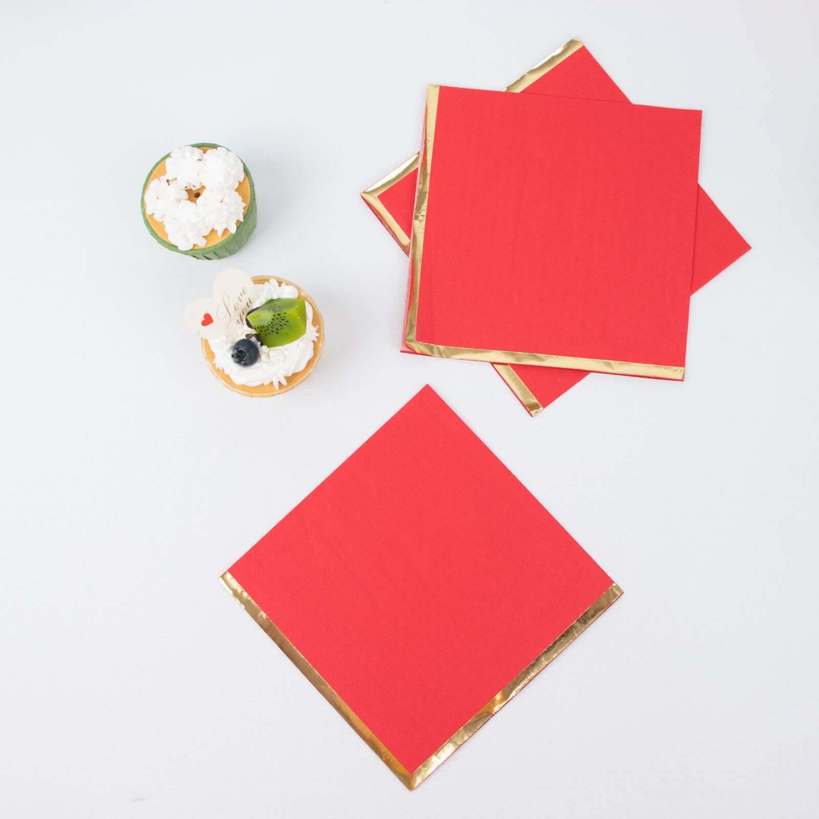 50-Pack Paper Beverage Napkins with Gold Foil Edge Red - Disposable 2 Ply Cocktail Napkins for Events 6.5x6.5