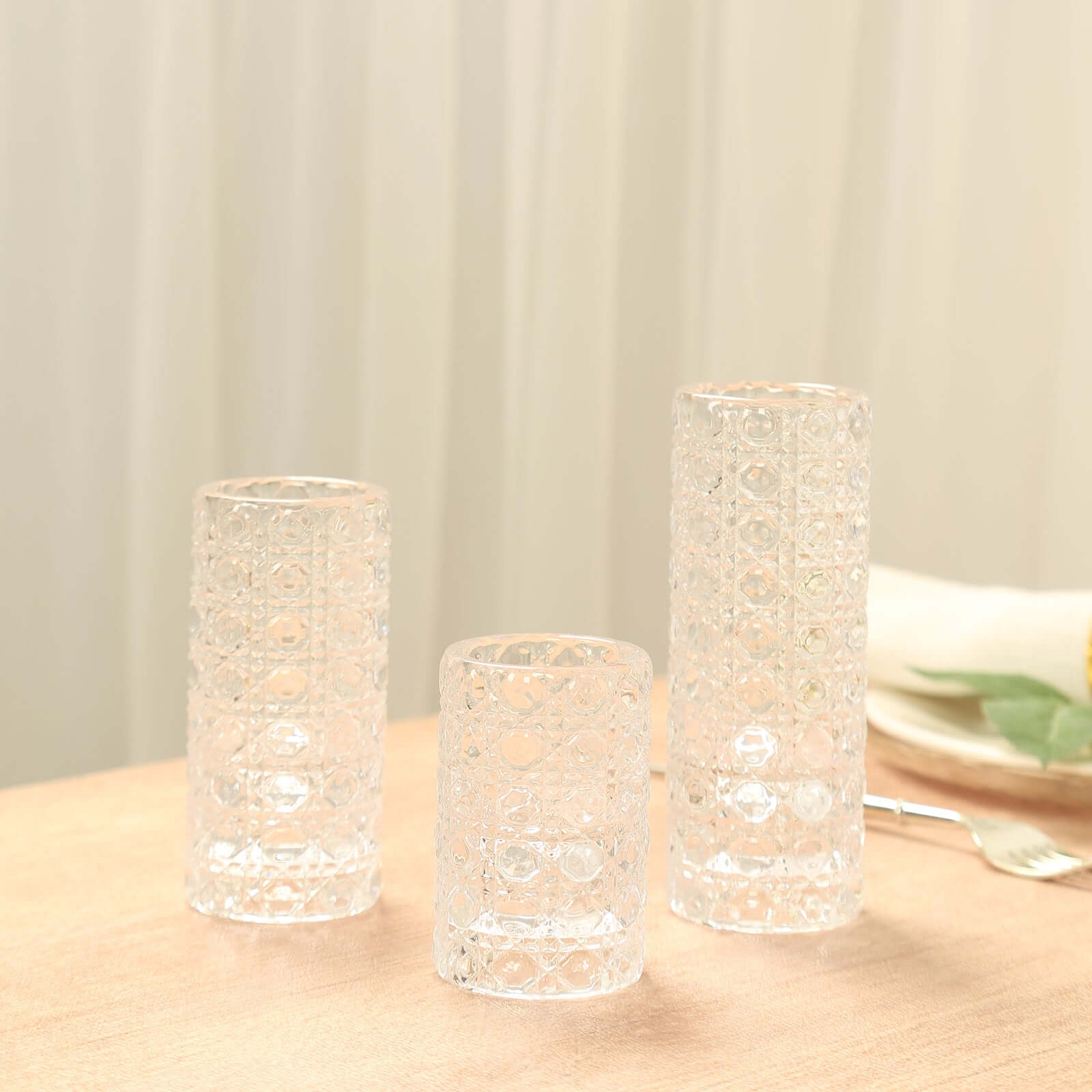 Set of 3 Glass Taper Candle Holders Clear with Gemstone Pattern - Dual Sided Crystal Cylinder Tealight Stands 3, 4, 5.5