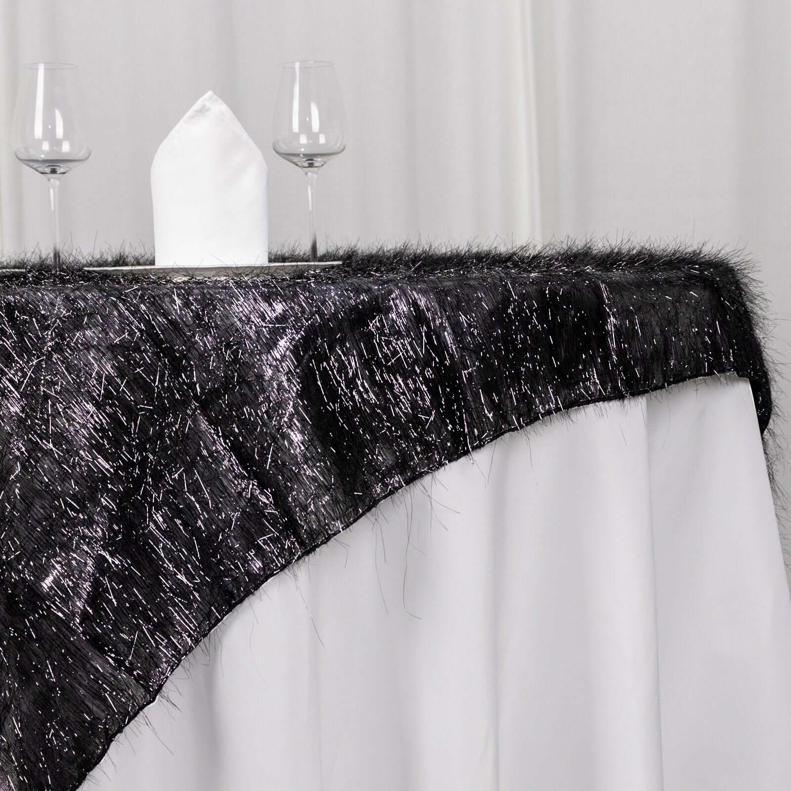 Polyester 72x72 Table Overlay Square Tablecloth Black - Metallic Fringe Shag Tinsel Table Cover