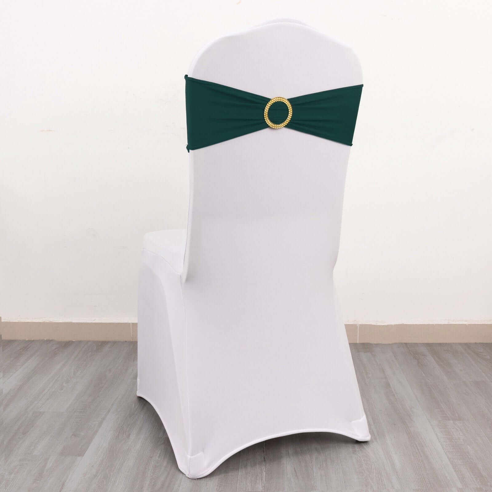 5 Pack Spandex Chair Sashes Hunter Emerald Green with Gold Rhinestone Buckles - Reusable Four-Way Stretch Sash Bands 5x14