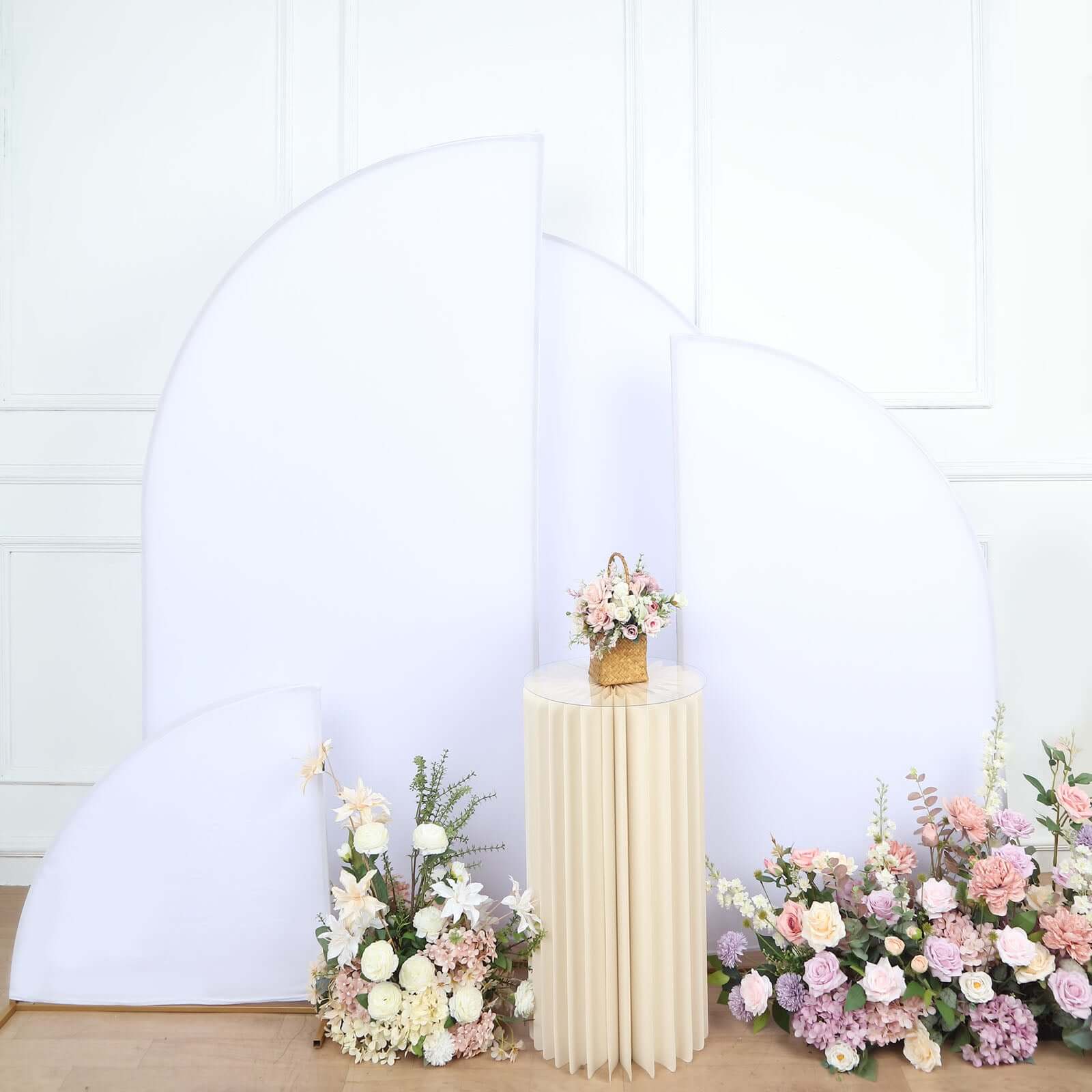 Set of 4 Matte White Spandex Half Moon Chiara Backdrop Stand Covers, Custom Fitted Wedding Arch Covers - 2.5ft,5ft,6ft,7ft