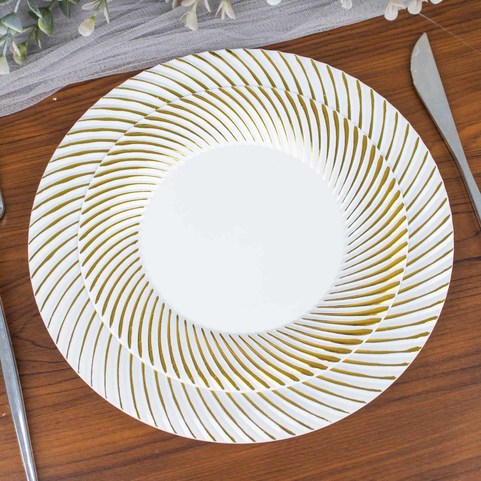 10-Pack Plastic 7 Round Dessert Plates in White with Gold Swirl Rim - Disposable Salad Plates for Classy Events & Banquets